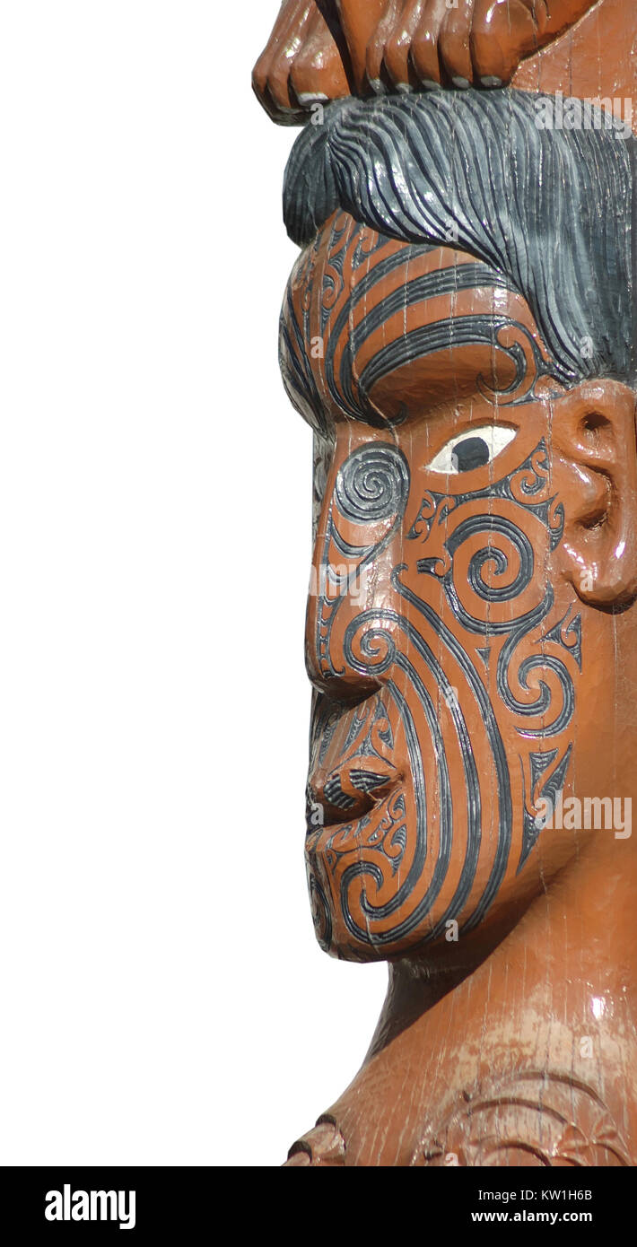 Detail der geschnitzten Maori Warrior, Christchurch, Canterbury, Neuseeland. Stockfoto