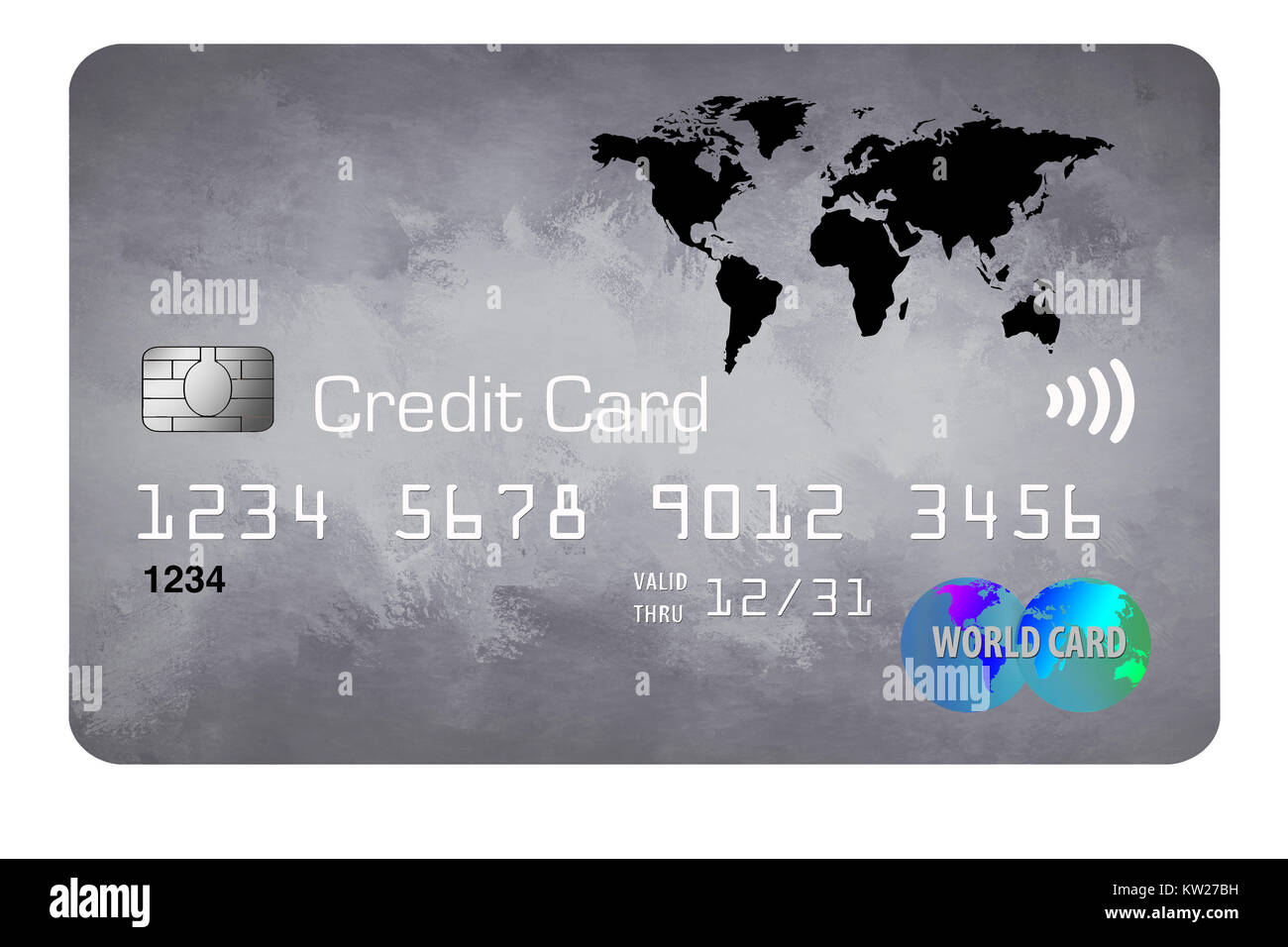 In dieser Abbildung ist eine Kreditkarte mit einem Weltkarte-Design zu sehen Stockfoto