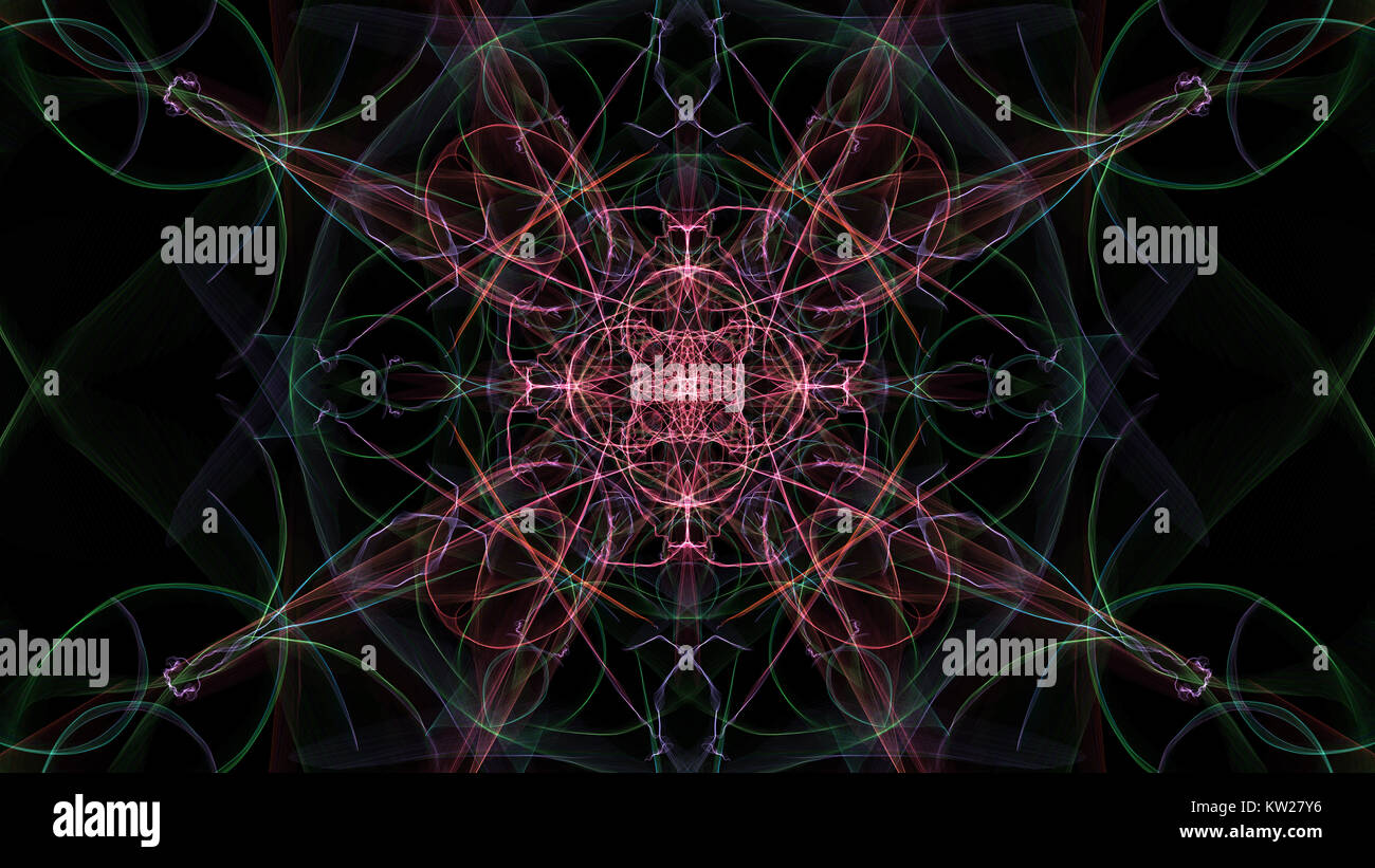 Abstrakte Kunstwerke. Bunte Linien mit Partikeln auf schwarzem Hintergrund. Seide Symmetrie Serie. Stockfoto