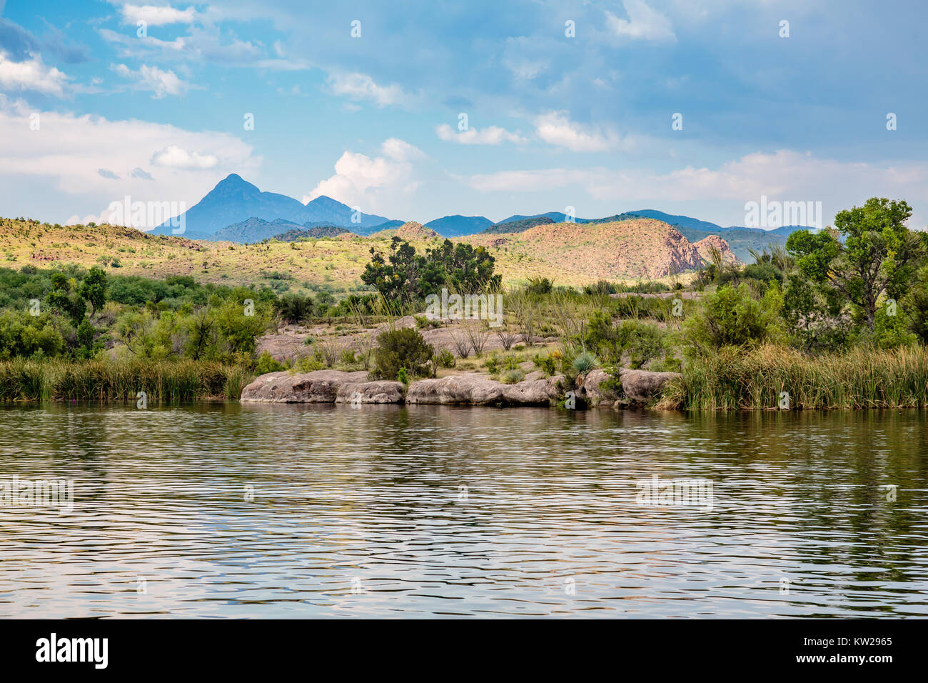Patagonia Lake State Park mit dem Santa Rita Mountains im Schatten eines drohenden Monsuns Sturm. Südliches Arizona, Stockfoto