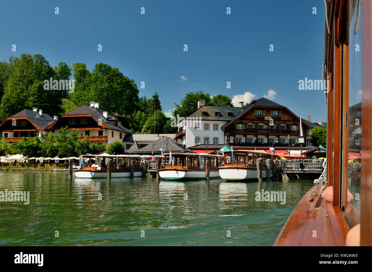 Berchtesgadener Land, King's Lake, Elektroboote im Boot investor Seel?nde, Berchtesgadener Land, Königsee, Elektroboote am Bootsanleger Seel Stockfoto