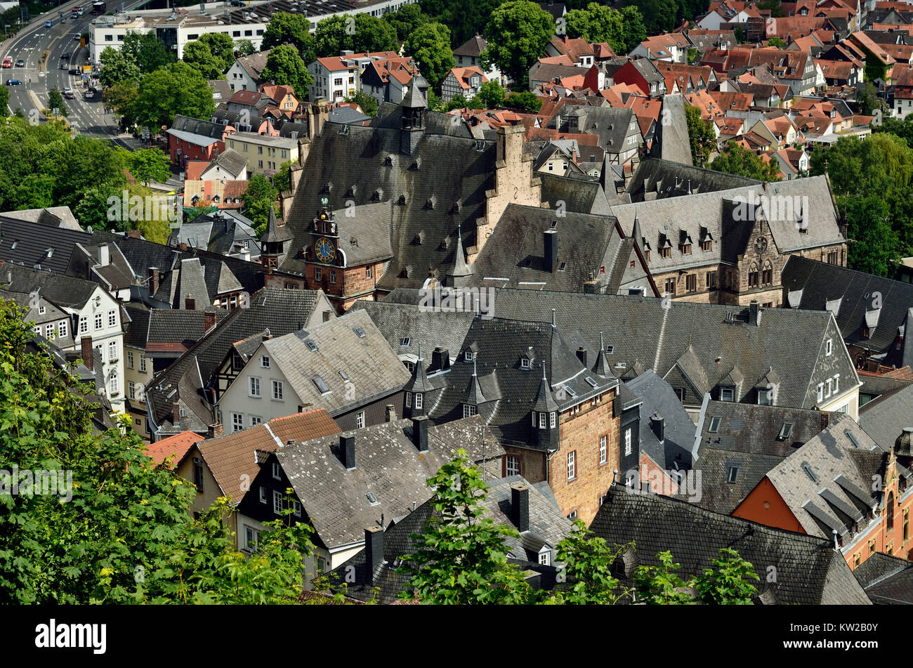 Marburg, Dächer der oberen Stadt mit Rathaus, Dächer der Oberstadt mit Rathaus Stockfoto