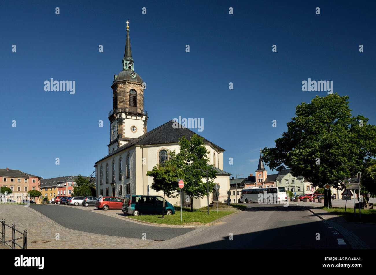 Osterzgebirge, Frau Stein, Kirche auf dem Marktplatz, Frauenstein, Kirche auf dem Marktplatz. Stockfoto
