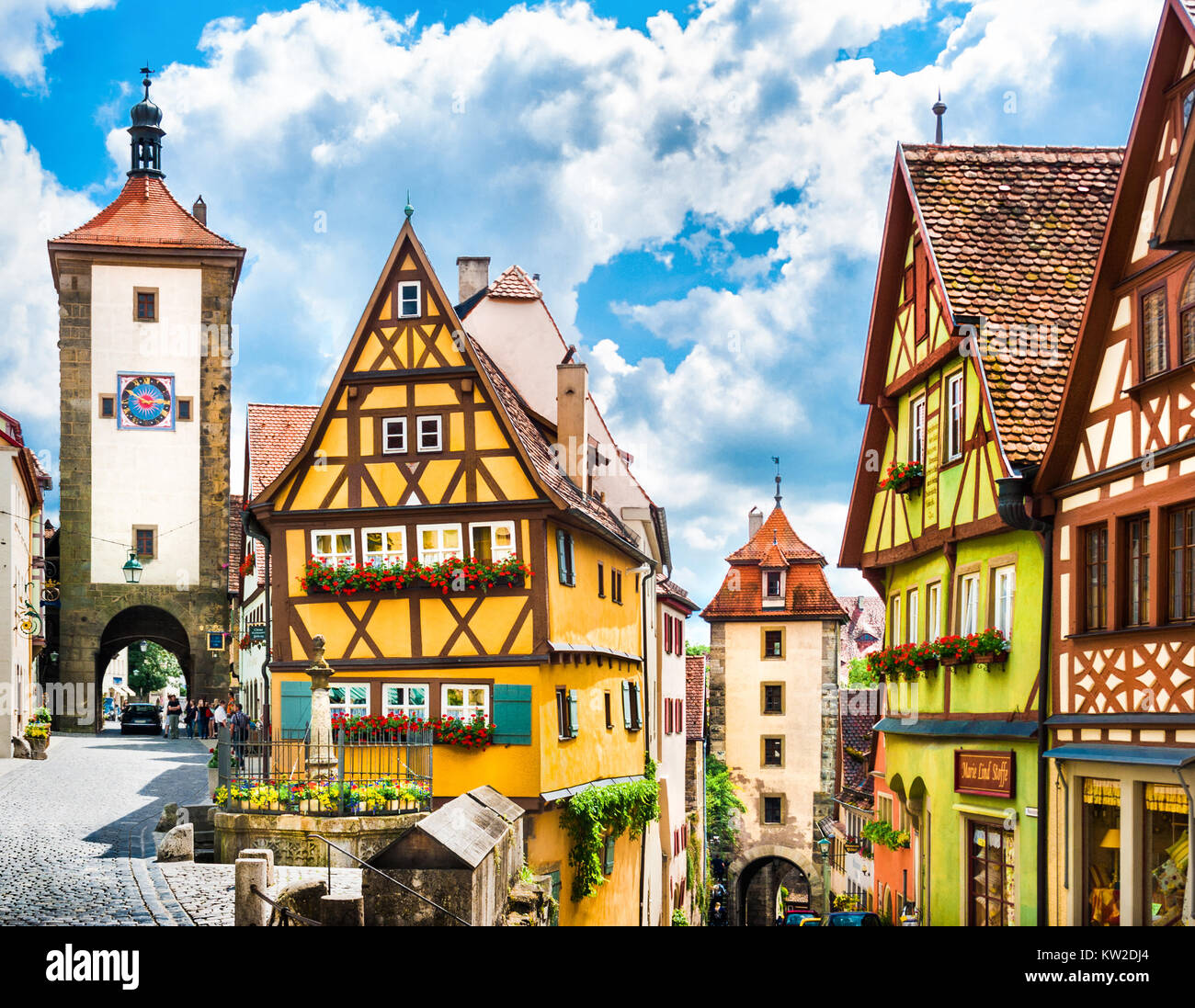 Schöne Aussicht auf die historische Stadt Rothenburg Ob der Tauber, Franken, Bayern, Deutschland Stockfoto