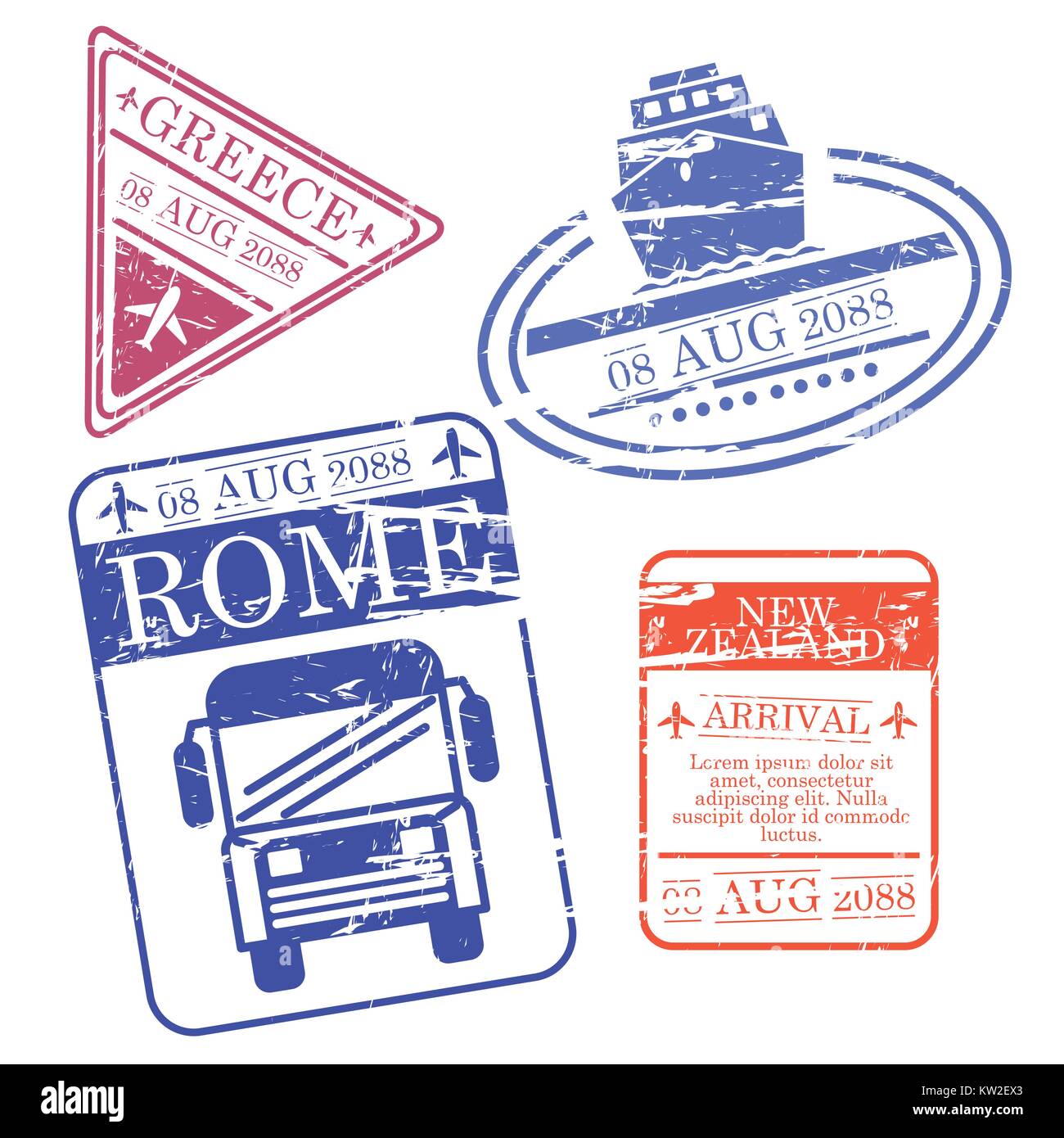 Boot und Bus und Flugzeug reisen Briefmarken Griechenland Rom Neuseeland in bunten Silhouette Stock Vektor