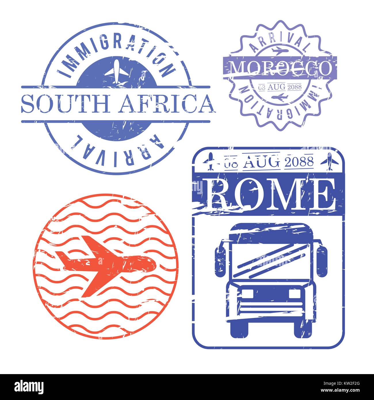 Flugzeug und Bus Reisen Briefmarken Südafrika Marokko und Rom in bunten Silhouette Stock Vektor