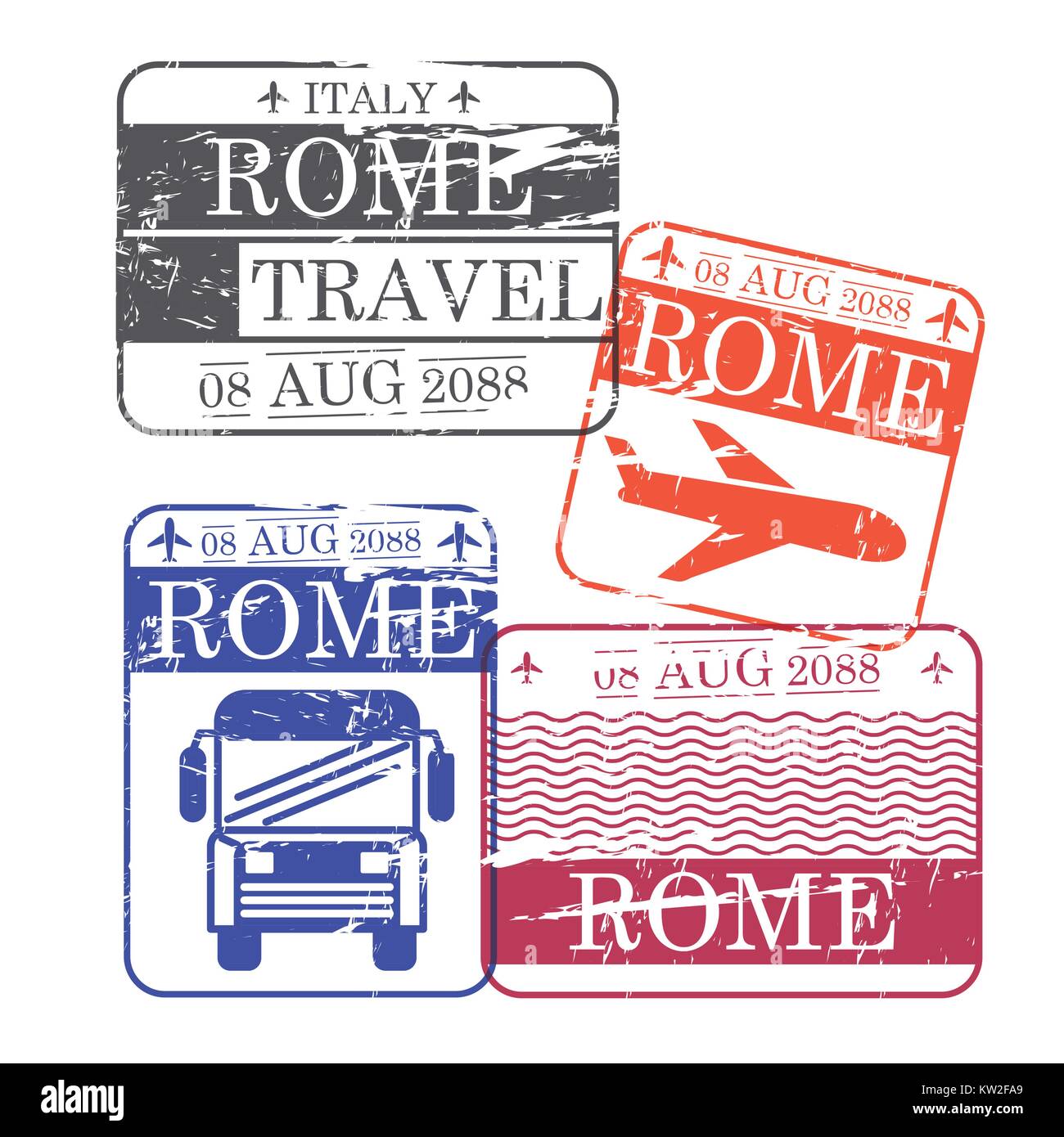 Bus und Flugzeug reisen Briefmarken von Rom in bunten Silhouette Stock Vektor
