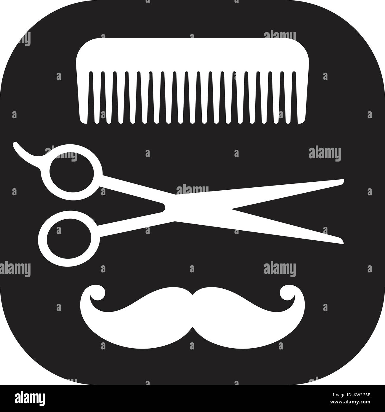 Friseursalons schwarze und weiße Symbol, Vektor abstrakte Logo auf weißem Hintergrund. Kamm, Schere, Schnurrbart. Friseure Tools eingestellt. Stock Vektor