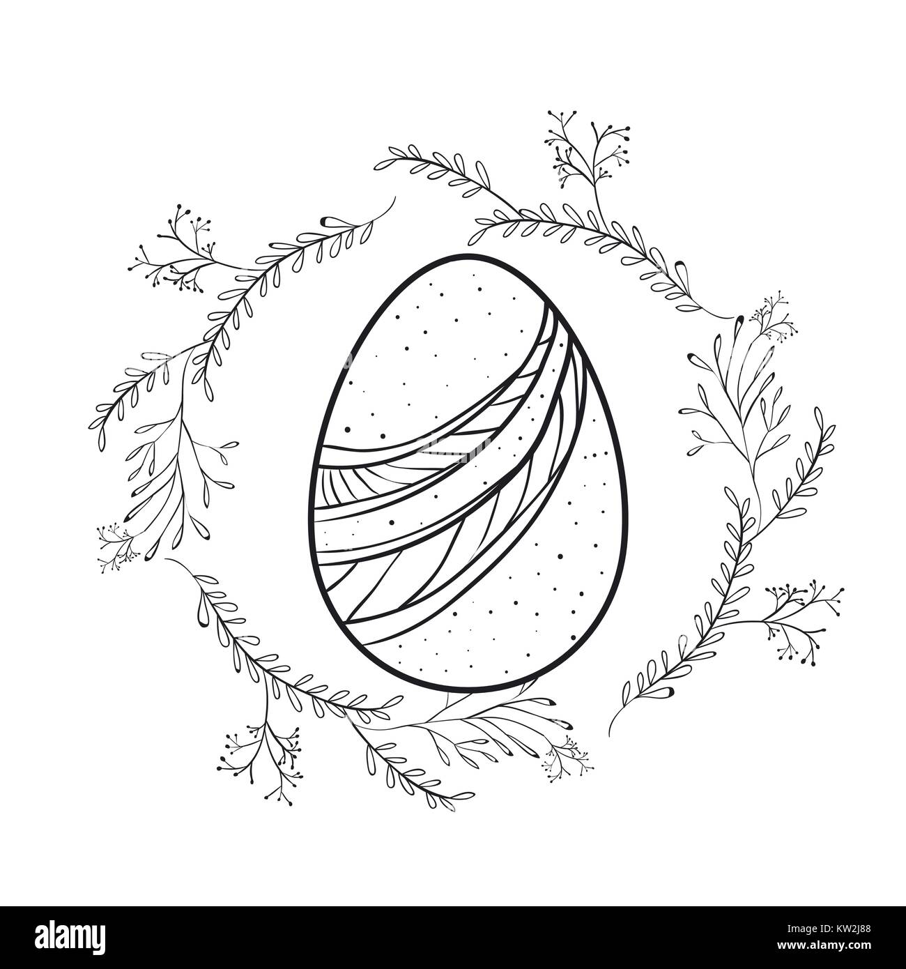 Osterei mit zierlinien und Niederlassungen in Schwarzweiß Silhouette Stock Vektor