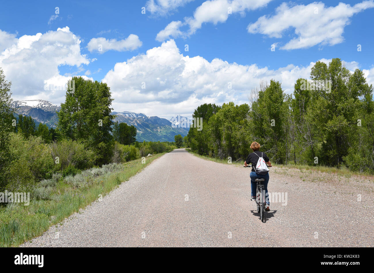 Die Frau mit dem Fahrrad auf einem Radweg in Jackson Hole, Wyoming. Die Grand Tetons sind in der Ferne. Stockfoto