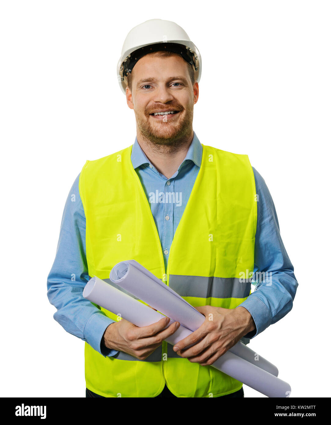 Construction Manager oder Ingenieur mit Blueprint rollt auf weißem Hintergrund Stockfoto