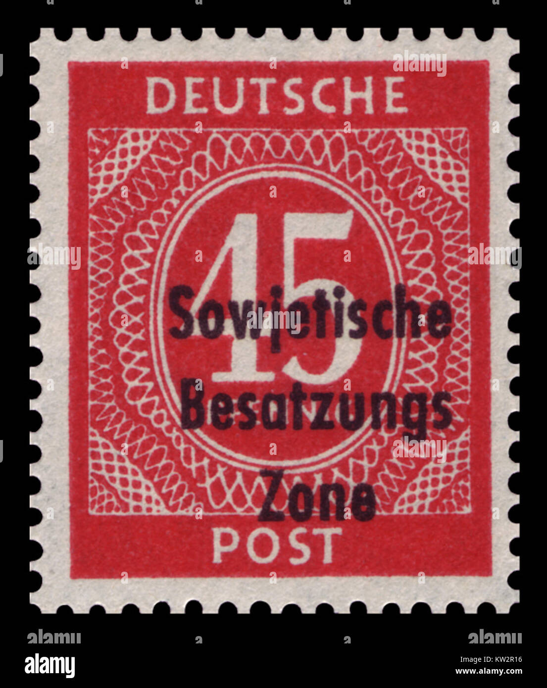 Der SBZ-Aufdruck 1948 209 bezieht sich auf eine Briefmarke, die während der Nachkriegszeit in der sowjetisch besetzten Zone Deutschlands ausgegeben wurde. Der Überdruck markierte den Übergang in der Postverwaltung, als die Zone sich auf ihre Integration in die DDR zubewegte. Stockfoto