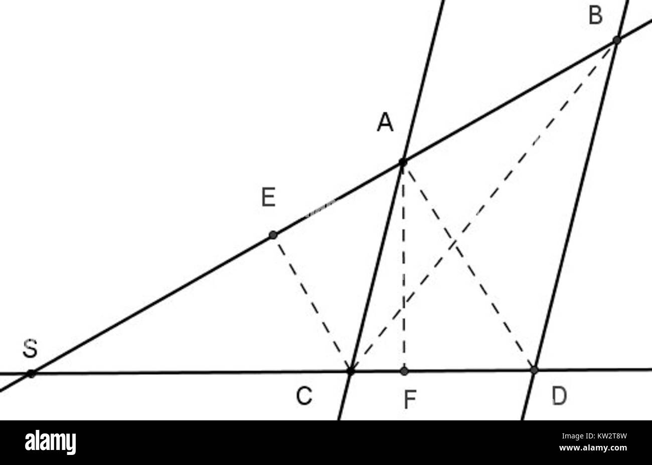 Der Intercept Theorem Proof ist ein mathematisches Konzept, das die Proportionalität von Segmenten demonstriert, wenn ein Querschnitt parallele Linien kreuzt. Sie ist ein Schlüsselelement der Geometrie und beweist ein grundlegendes Konzept der Verhältnismäßigkeit. Stockfoto