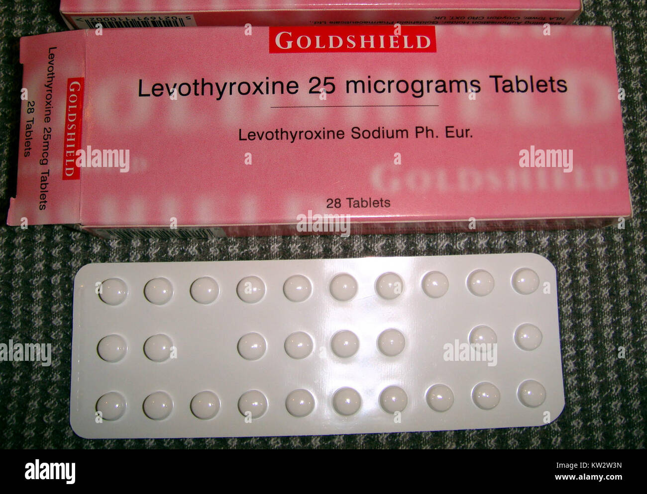 Levothyroxin ist eine synthetische Form des Schilddrüsenhormons, das zur Behandlung einer Hypothyreose eingesetzt wird. Die 25mcg Tabletten werden verschrieben, um die normale Schilddrüsenfunktion wiederherzustellen und Symptome zu lindern, die mit Schilddrüsenhormonmangel verbunden sind. Stockfoto