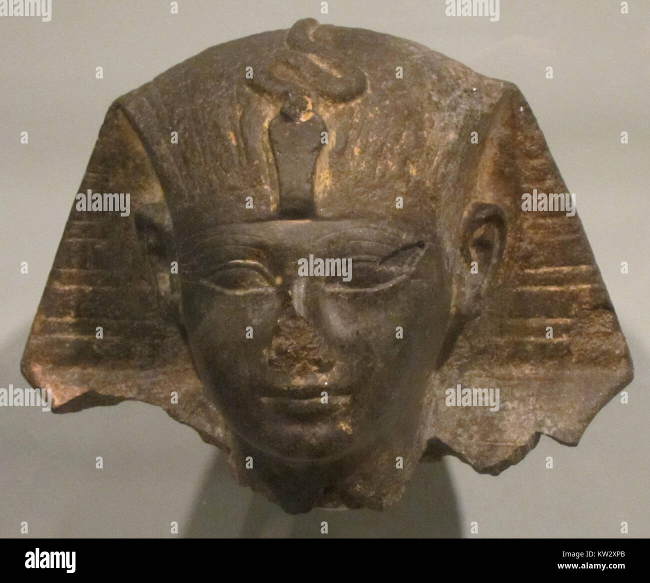 Dieser schwarze Granitkopf von Thutmose III., einem altägyptischen Pharao, ist ein bemerkenswertes Artefakt aus der hellenistischen Zeit, das die ägyptische Handwerkskunst und die Bedeutung der königlichen Ikonographie zeigt. Stockfoto
