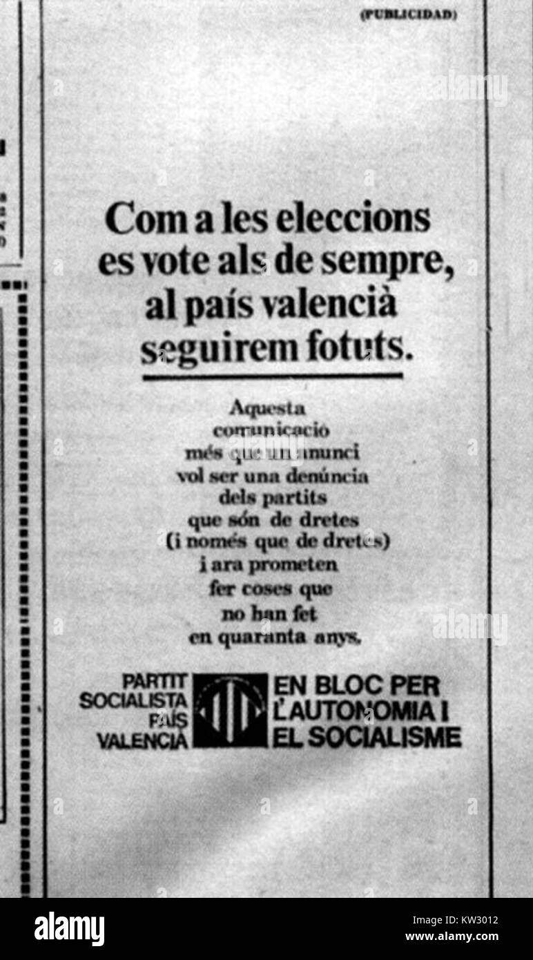 Die Propaganda-PSPV von 1977 bezieht sich auf die politische Propaganda der PSPV (Partido Socialista del País Valenciano) in Spanien, die einen entscheidenden Moment in der politischen Landschaft des Landes darstellt. Stockfoto
