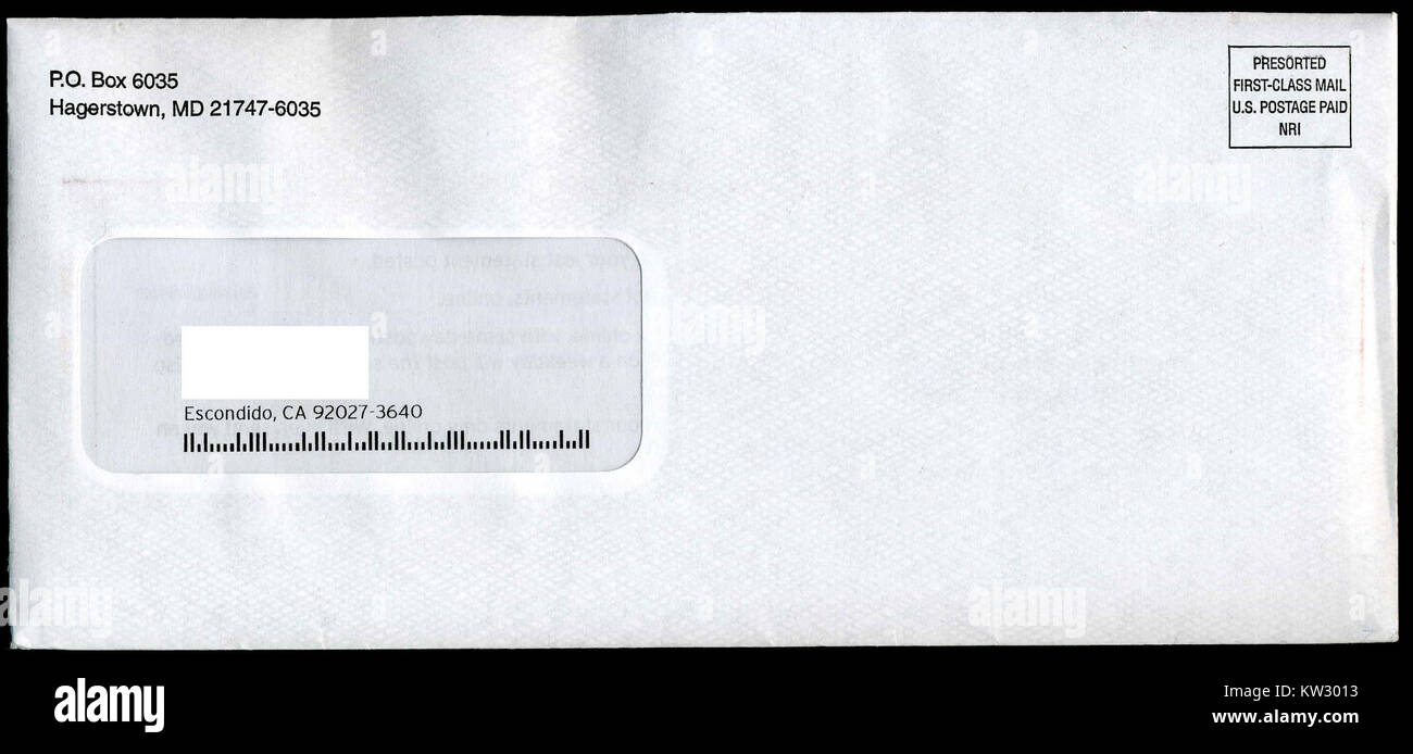 Dieses US-Schreiben vom Dezember 2007 war Teil des regulären Postdienstes, der für den Standard-Postverkehr ausgegeben wurde. Es handelt sich um die Gestaltung und den Druck von Postsendungen im US-Postsystem während dieses Zeitraums. Stockfoto