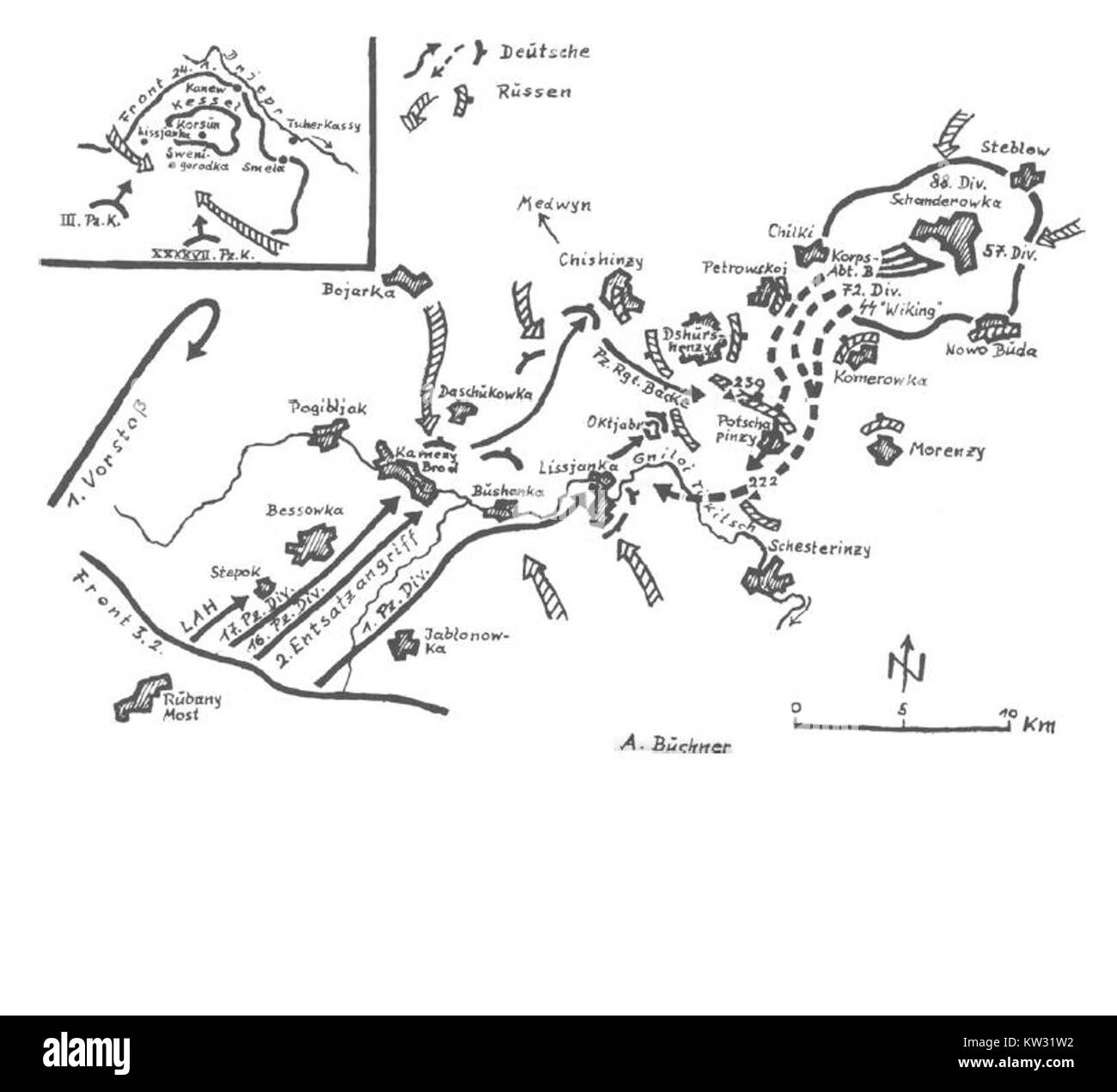 Der Ausbruch von Korsun war ein wichtiges militärisches Engagement während des Zweiten Weltkriegs, was einen bedeutenden Sieg der Sowjetunion über die Nazi-Truppen in der ukrainischen Stadt Korsun im Februar 1944 bedeutete. Stockfoto