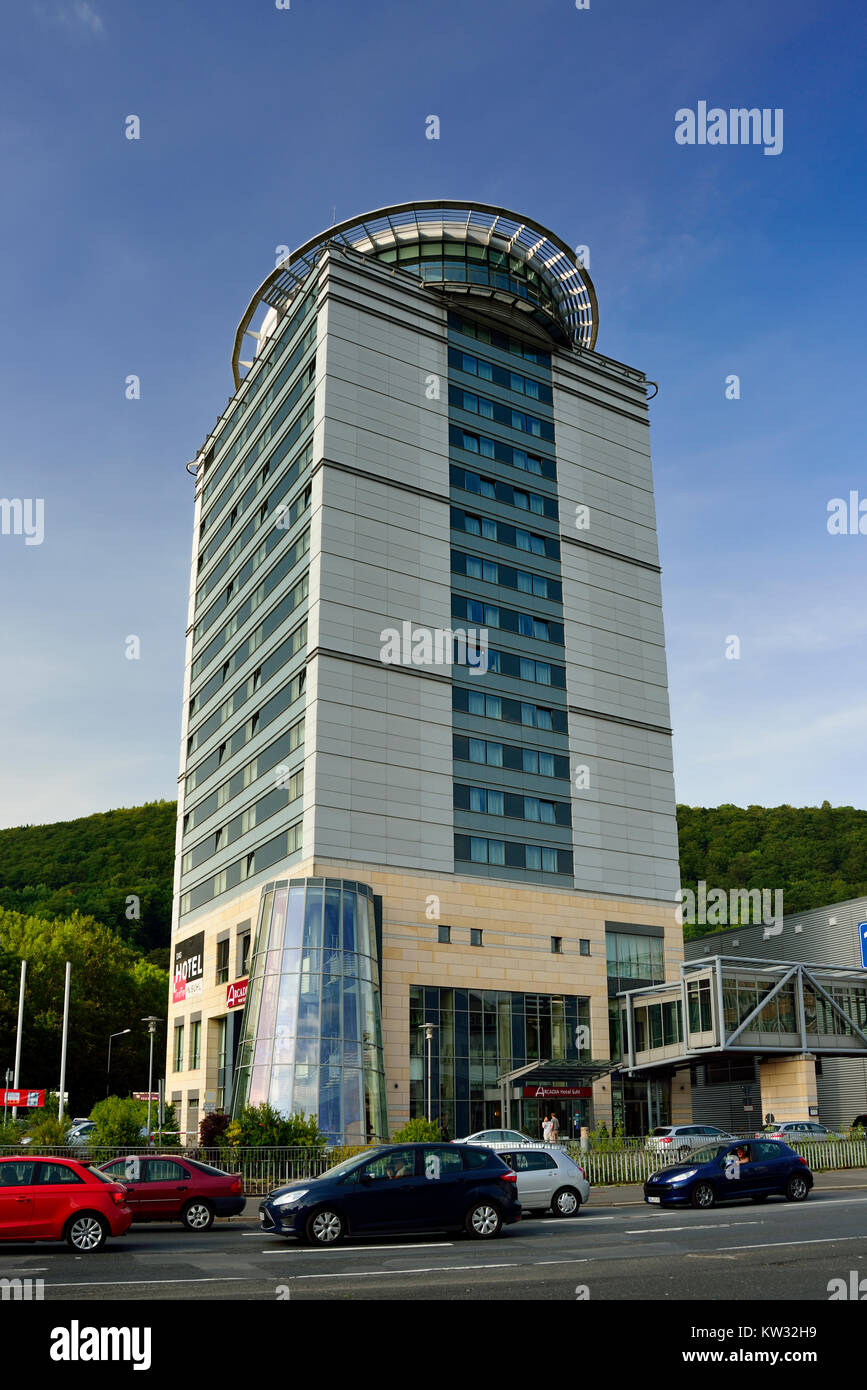 High Rise Hotel Arcadia mit Panoramablick Restaurant, Thüringen, Suhlen, Hochhaushotel Arcadia mit Panoramarestaurant, Thüringen, Suhl Stockfoto