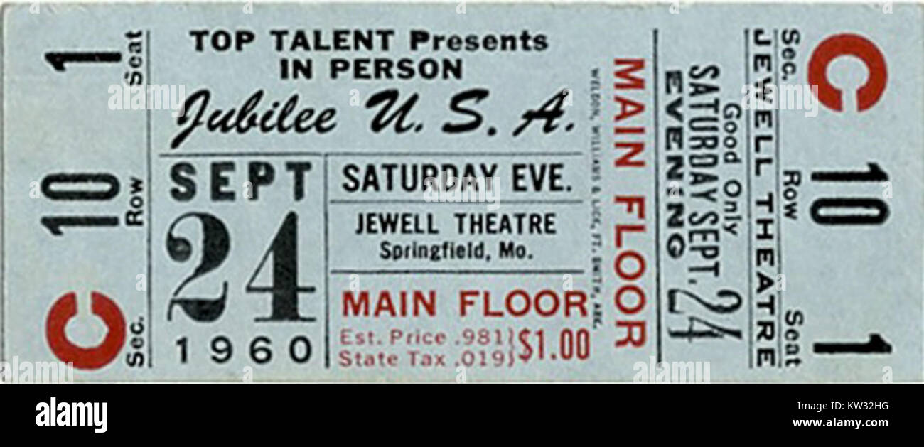 The Ozark Jubilee war eine beliebte Fernsehserie und Live-Performance-Serie, die in den 1950er Jahren ausgestrahlt wurde Dieses Ticket markiert die letzte Vorstellung der Show, ein bedeutender Moment in der Country-Musik und der Geschichte des amerikanischen Fernsehens. Stockfoto