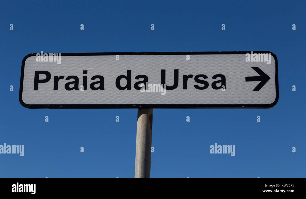 Zeichen für Praia da Ursa in Portugal. Stockfoto