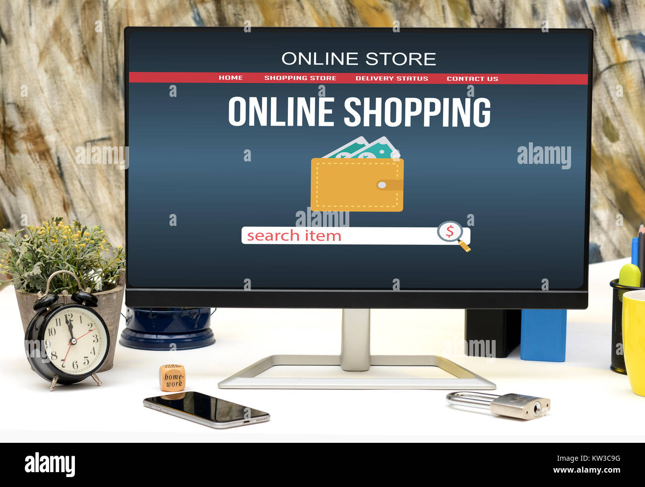 Online Shopping website Mock up Office Monitor. Stockfoto