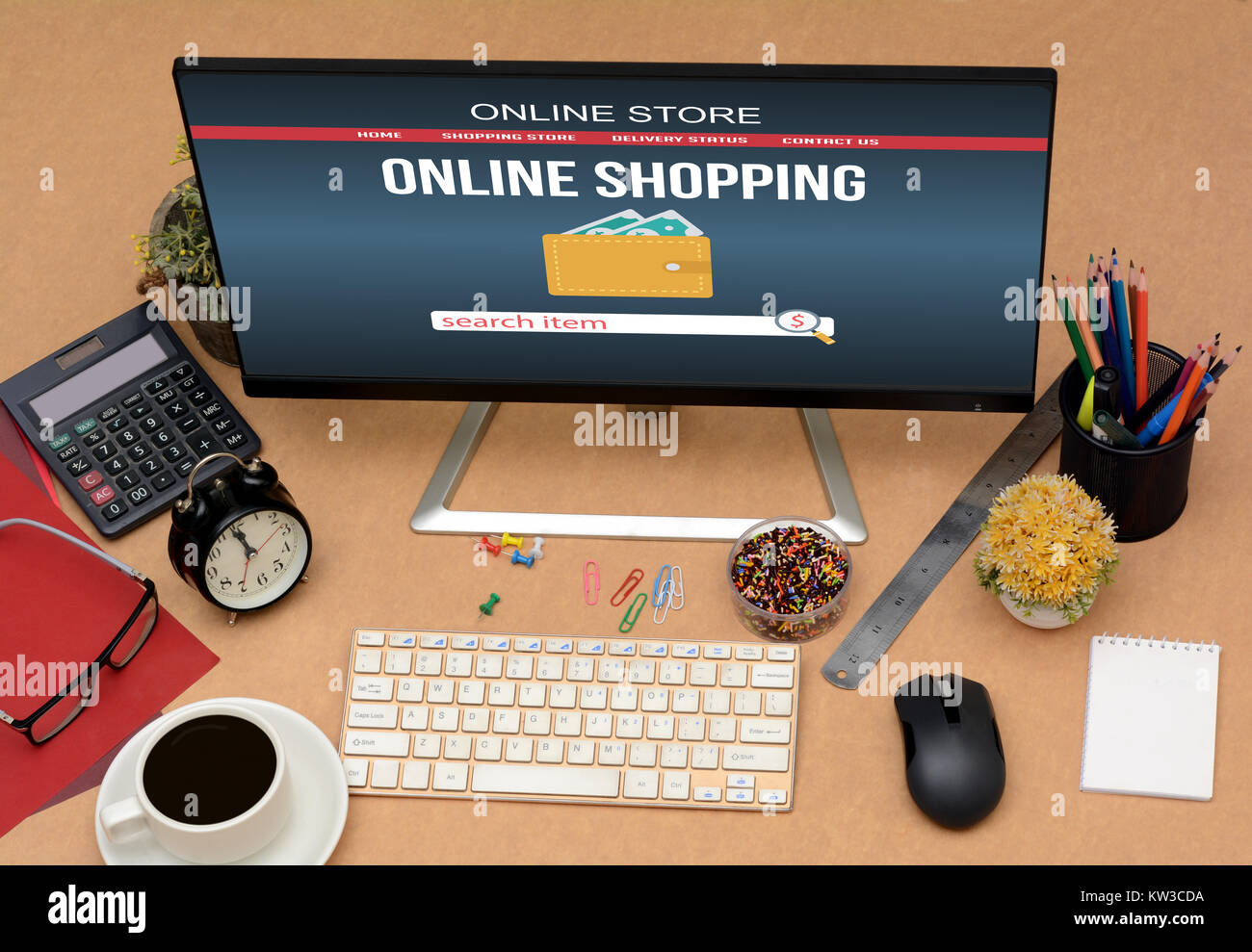Online Shopping Mockup website Ansicht von oben. Stockfoto