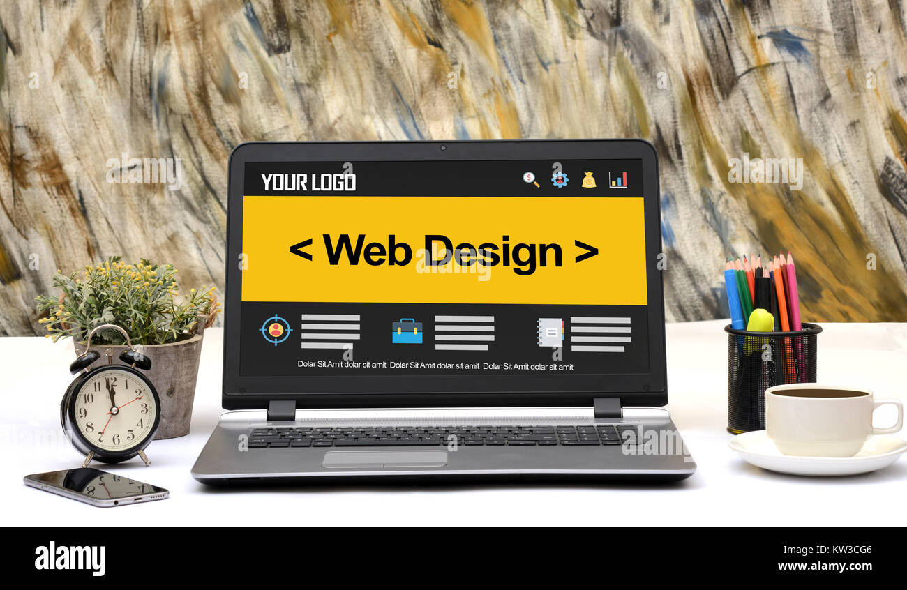 Web site Design mockup in Office Laptop. Stockfoto
