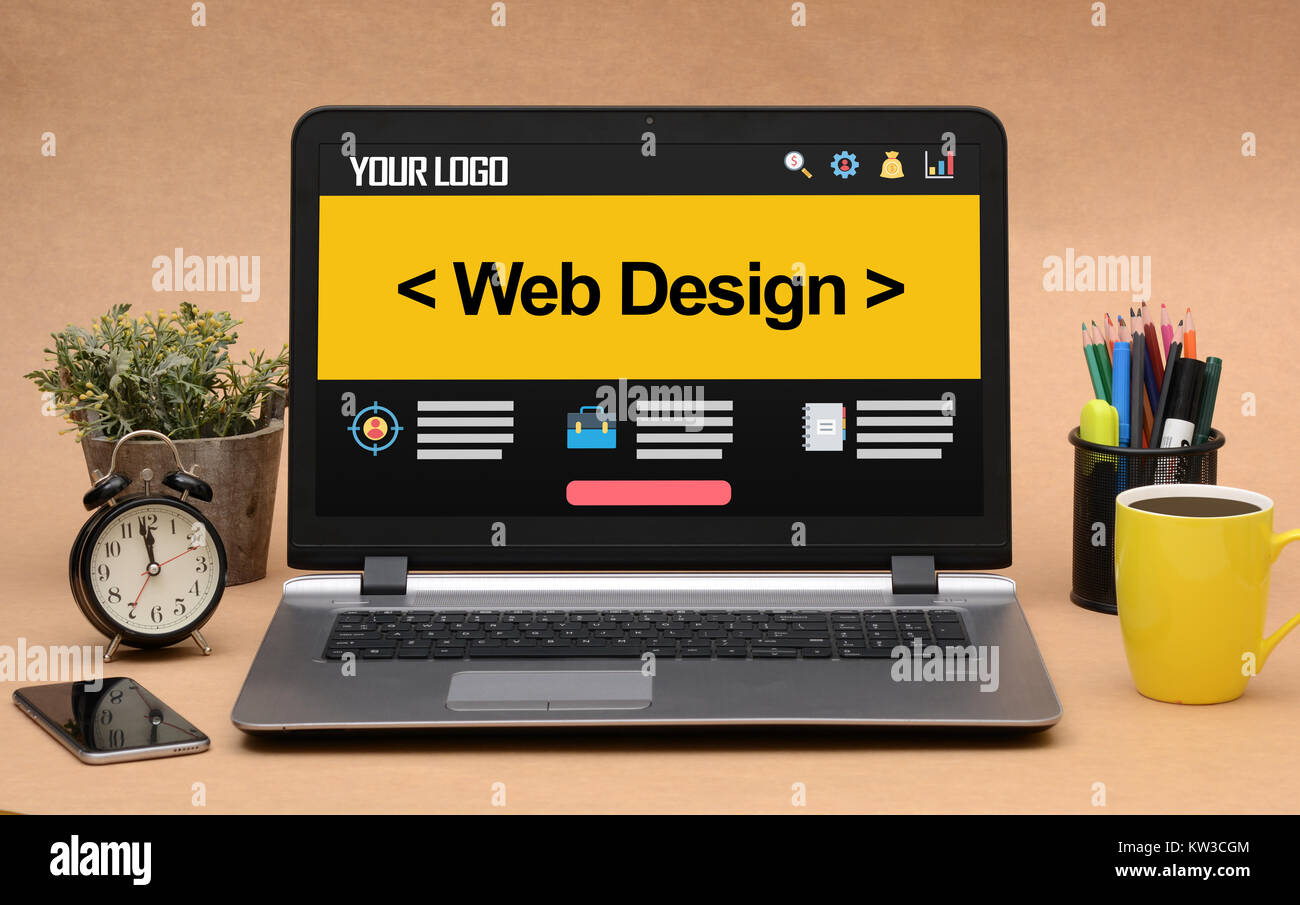 Web site Design mockup in Office Laptop. Stockfoto