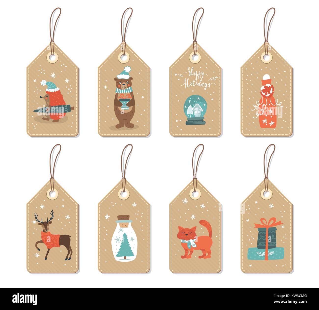 Papier Tags mit niedlichen Weihnachten Tiere und Dinge. Vektor Winter eingestellt. Stock Vektor