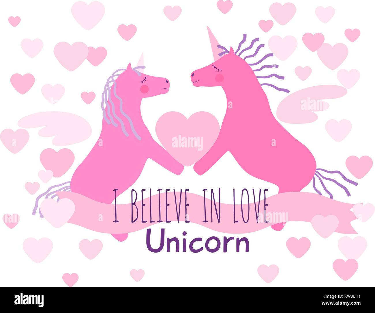 Zwei heterosexuelle Pink winged unicorn Pferde mit violett Mähne und Schweif halten das Herz. Ich glaube an die Liebe Grußkarte. Stock Vektor