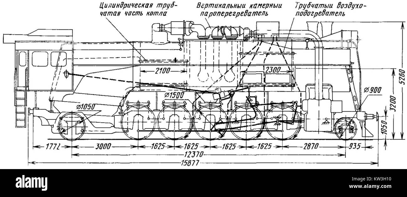 Die FD21-3128m ist eine experimentelle sowjetische Dampflokomotive, die Anfang der 1950er Jahre modifiziert wurde, um die Effizienz zu erhöhen. Es verfügte über ein von der Akademiker S.P. Syromyatnikov entworfenes Kesselsystem, das einen Warmwasserbereiter und einen Gasluftbereiter enthielt, wodurch Heißdampftemperaturen von bis zu 450 °C erreicht wurden Die Änderungen zielten darauf ab, den Kraftstoffverbrauch und die Leistung zu verbessern. Aufgrund der Einstellung der Dampflokomotivproduktion wurden die Versuchsfahrten eingestellt und die Lokomotive wurde 1958 ausgemustert. Stockfoto