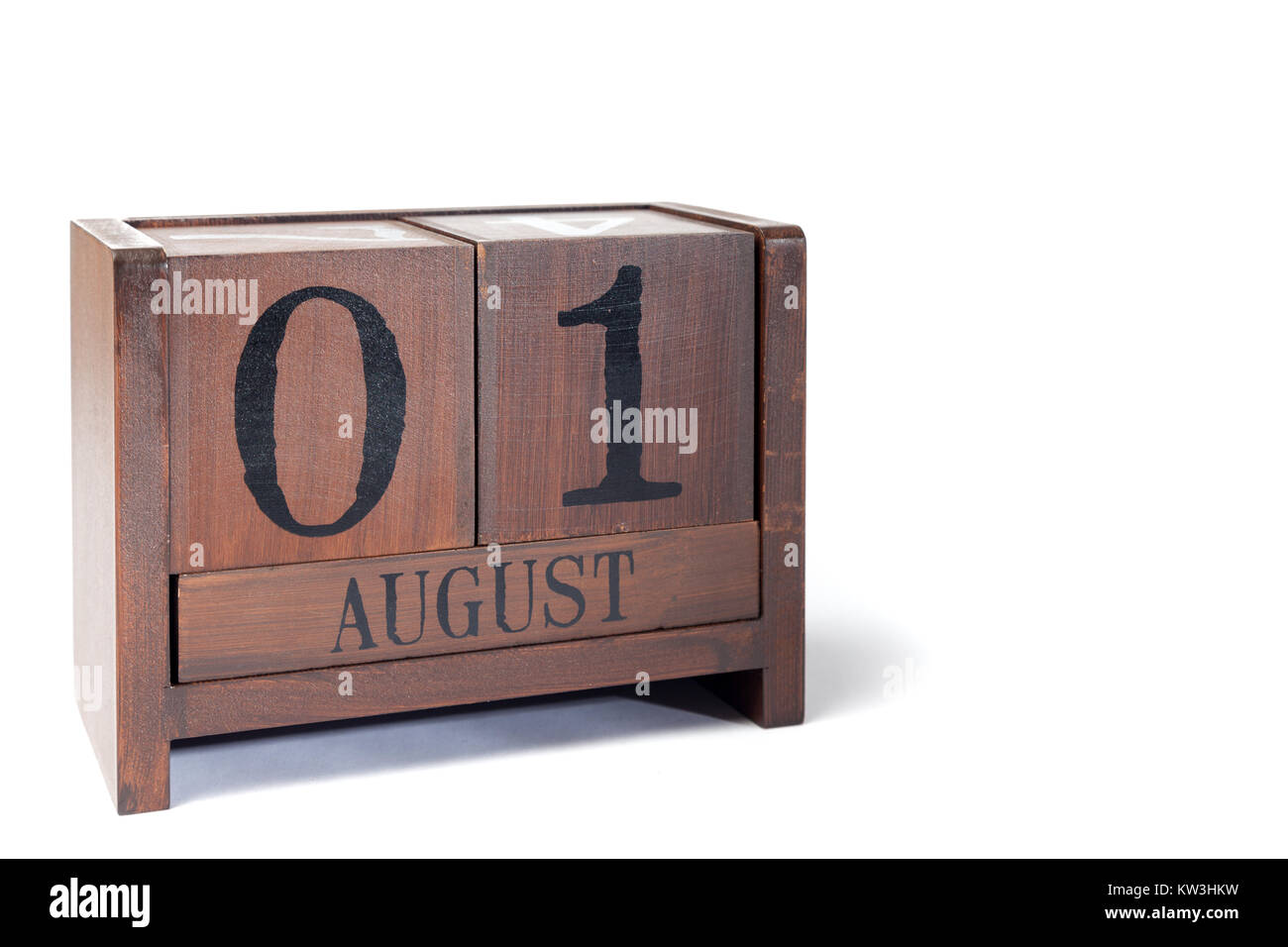 Holz- Ewiger Kalender bis August 1. Stockfoto