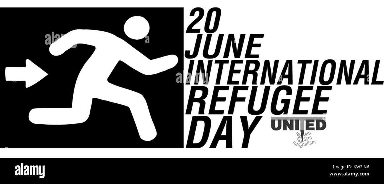 Das Logo für den Internationalen Flüchtlingstag am 20. Juni steht für die weltweite Solidarität und das Bewusstsein für die Rechte und das Wohlergehen von Flüchtlingen auf der ganzen Welt. Stockfoto