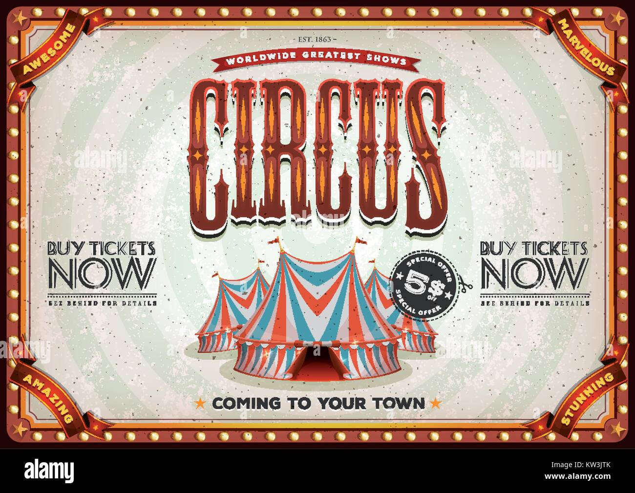 Abbildung: Retro und Vintage circus Poster Hintergrund, mit roten und blauen Big Top, elegante Titel und grunge Textur Stock Vektor