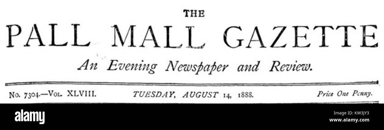 Die Pall Mall Gazette war eine britische Zeitung, die Ende des 19. Jahrhunderts veröffentlicht wurde. Diese Ausgabe aus dem Jahr 1888 spiegelt den redaktionellen und journalistischen Stil der damaligen Zeit wider. Stockfoto