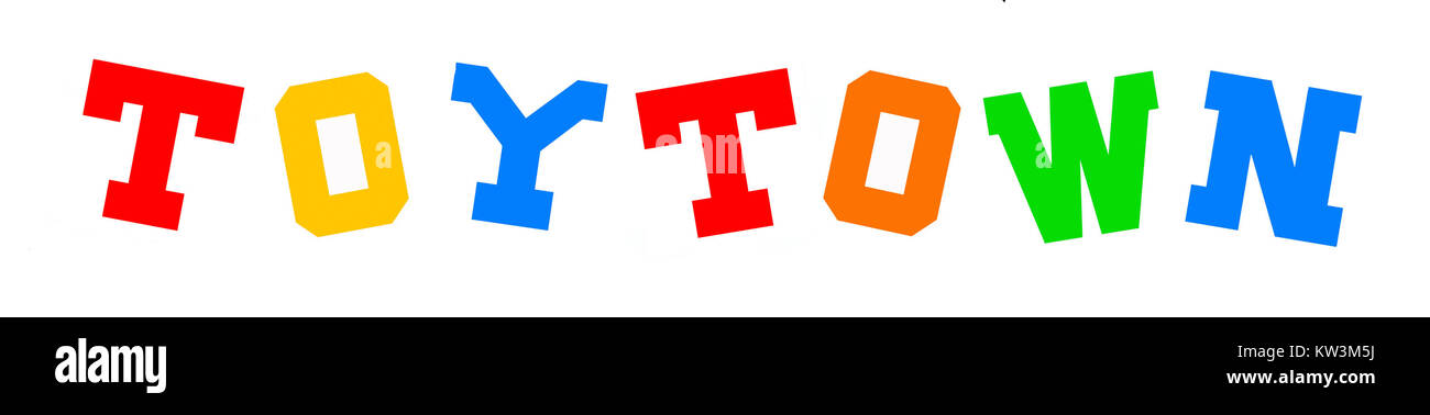 Dieses Bild zeigt das neue Logo für Toytown, eine Community oder Marke, die sich auf Unterhaltung oder Spielzeug konzentriert. Das Logo spiegelt eine frische visuelle Identität der Marke wider. Stockfoto