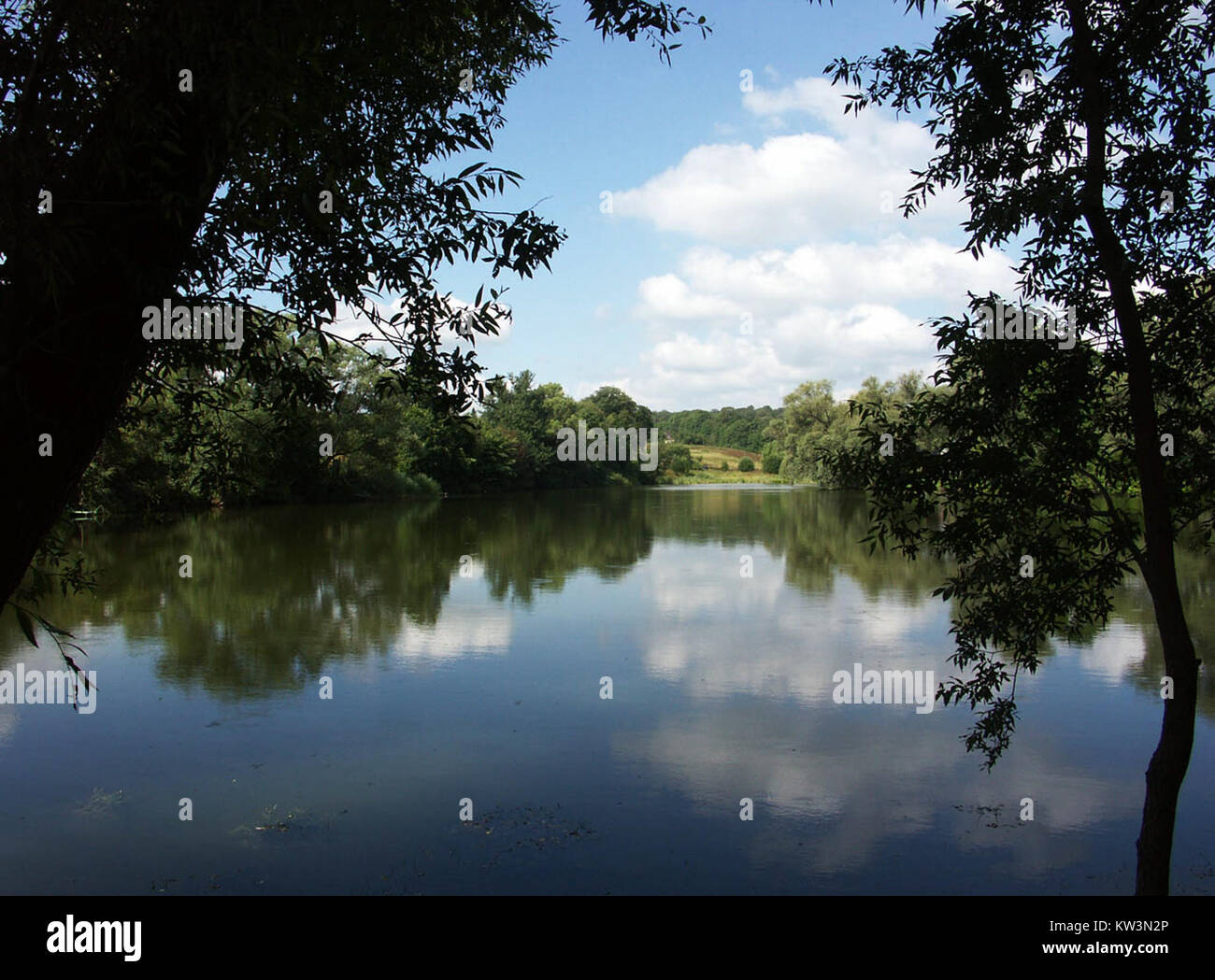 Ein großer Teich bezieht sich auf ein großes Gewässer, in der Regel kleiner als ein See, das häufig für Freizeitaktivitäten wie Angeln, Bootstouren und Vogelbeobachtung genutzt wird. Es handelt sich um ein bedeutendes ökologisches Gebiet, das eine Vielzahl von Pflanzen- und Tierarten unterstützt. Stockfoto