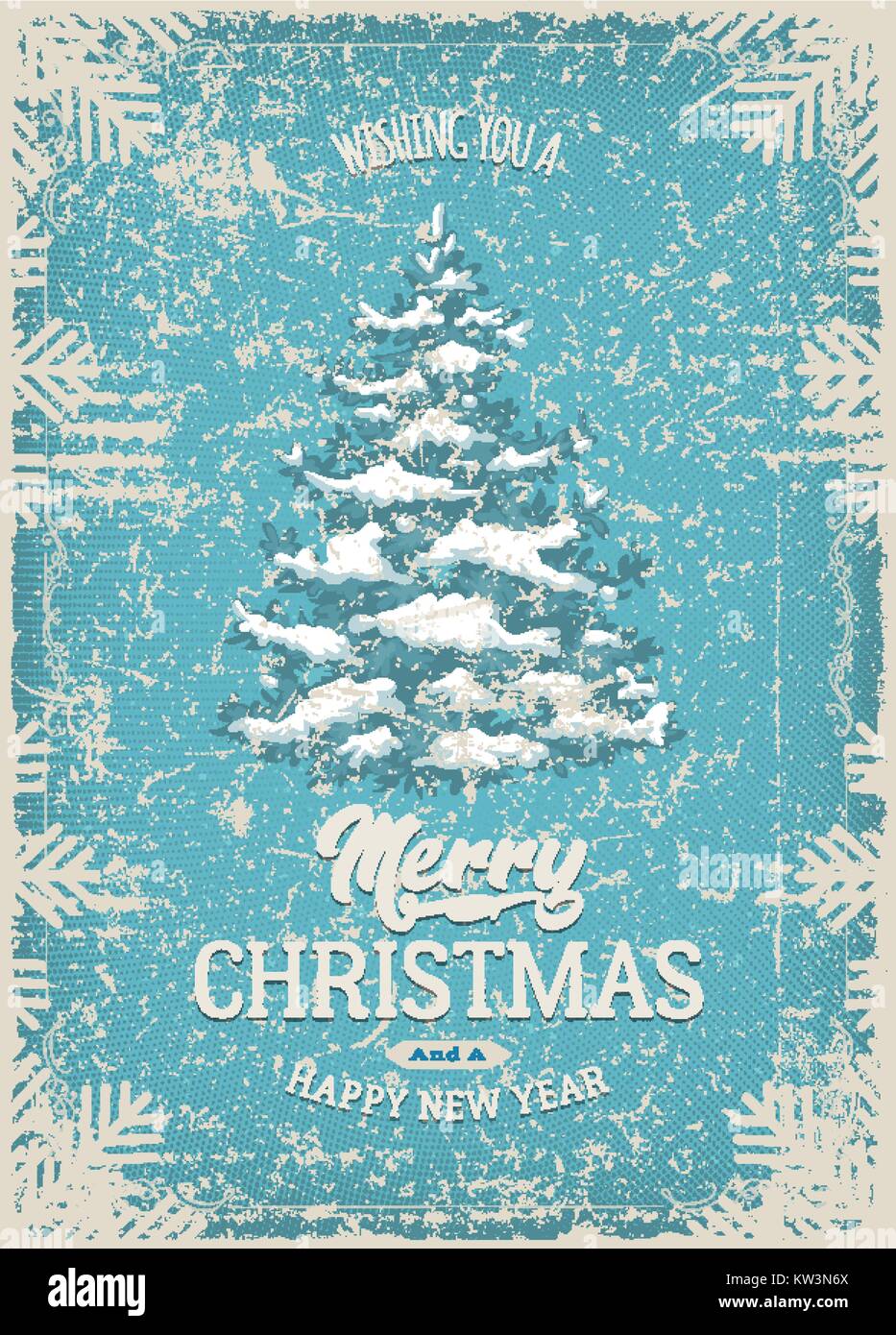 Abbildung: Vintage weihnachten Postkarte, mit Schnee Pine Tree und grunge Texturen Stock Vektor