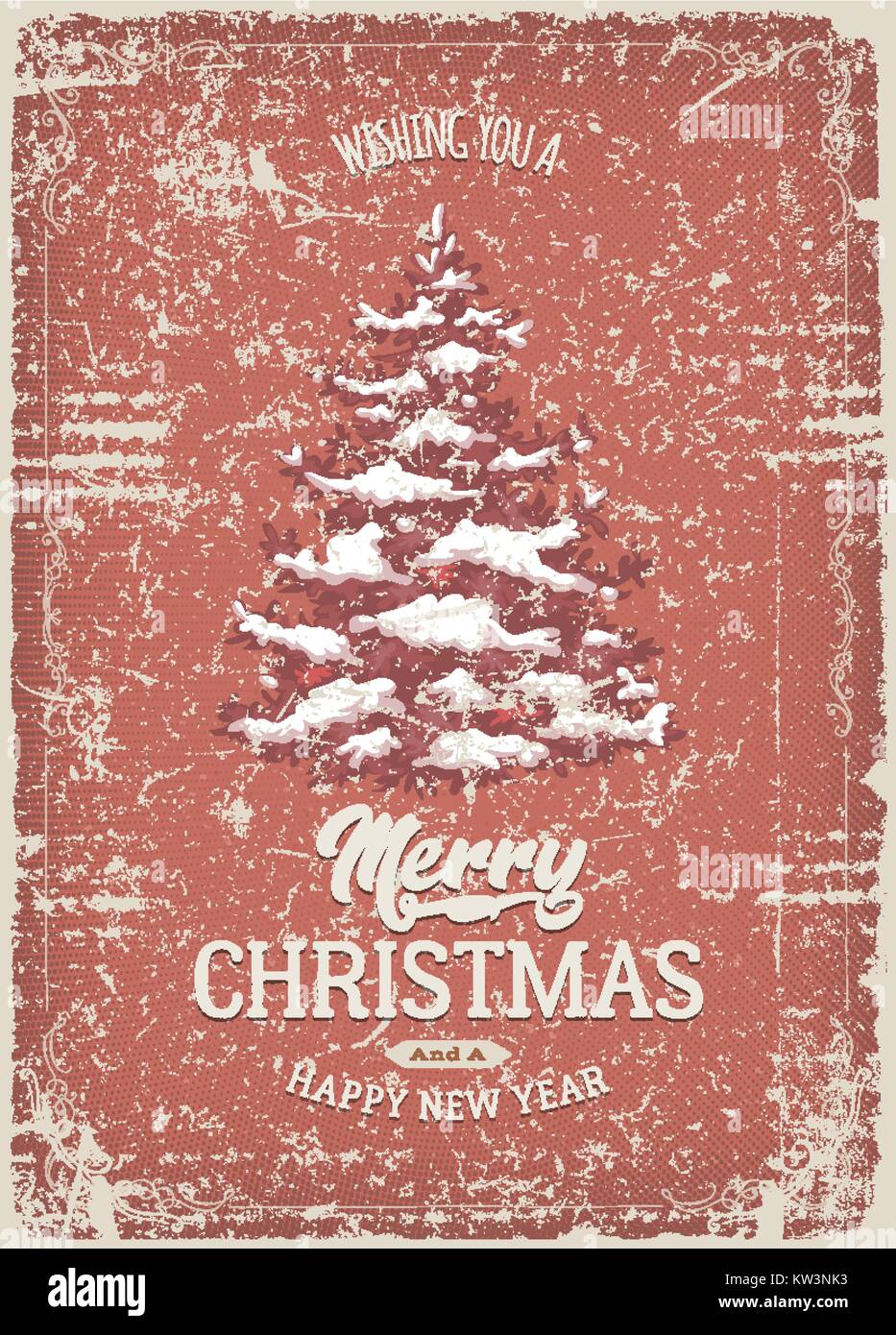 Abbildung: Vintage weihnachten Postkarte, mit Schnee Pine Tree und grunge Texturen Stock Vektor
