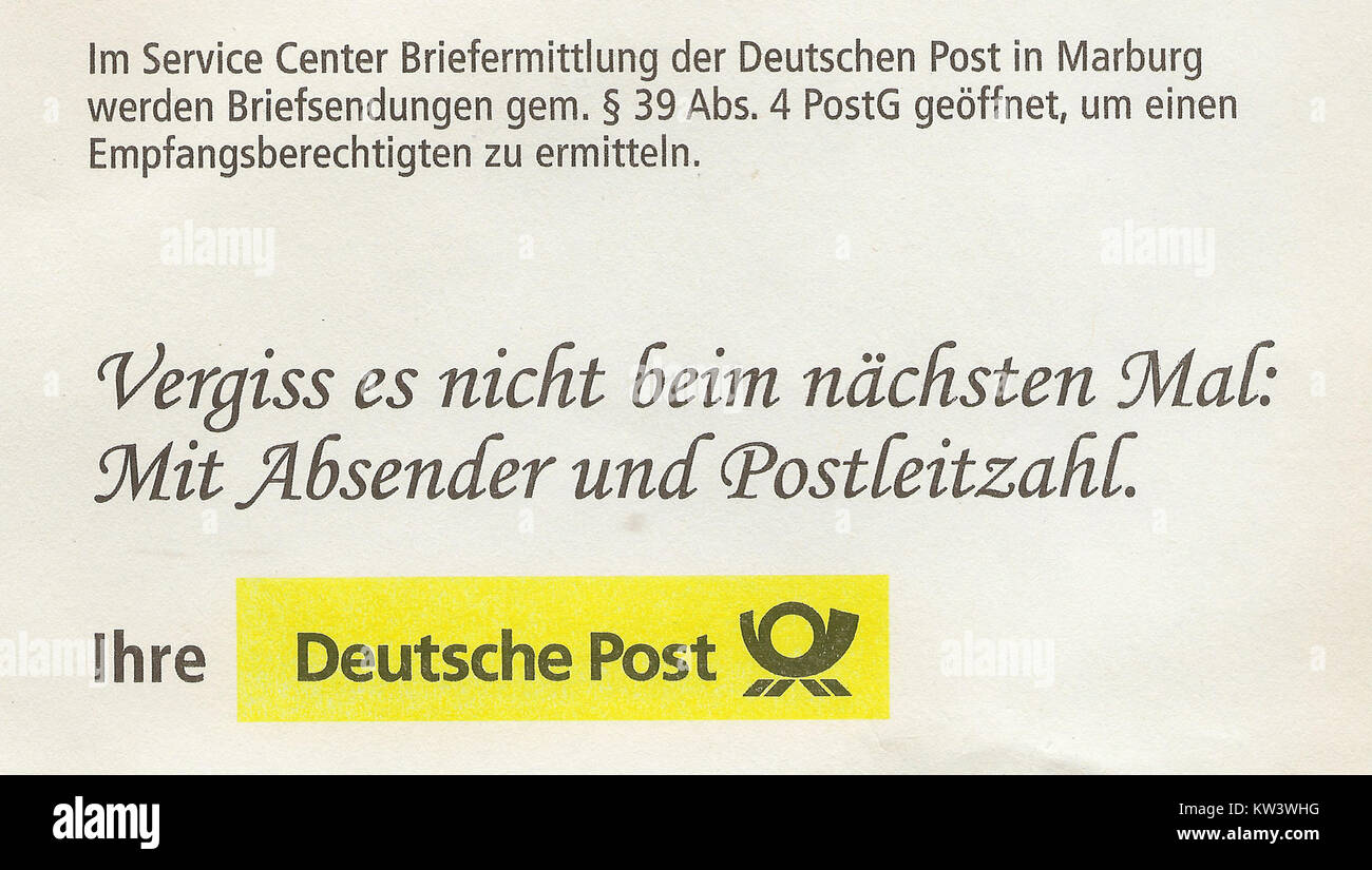 Dieses Dokument bezieht sich auf eine Mitteilung der deutschen Post über die kurze Lieferung von Dienstleistungen oder Anweisungen für Kunden. Sie ist Teil des operativen Prozesses der Post- und Postverwaltung in Deutschland. Stockfoto