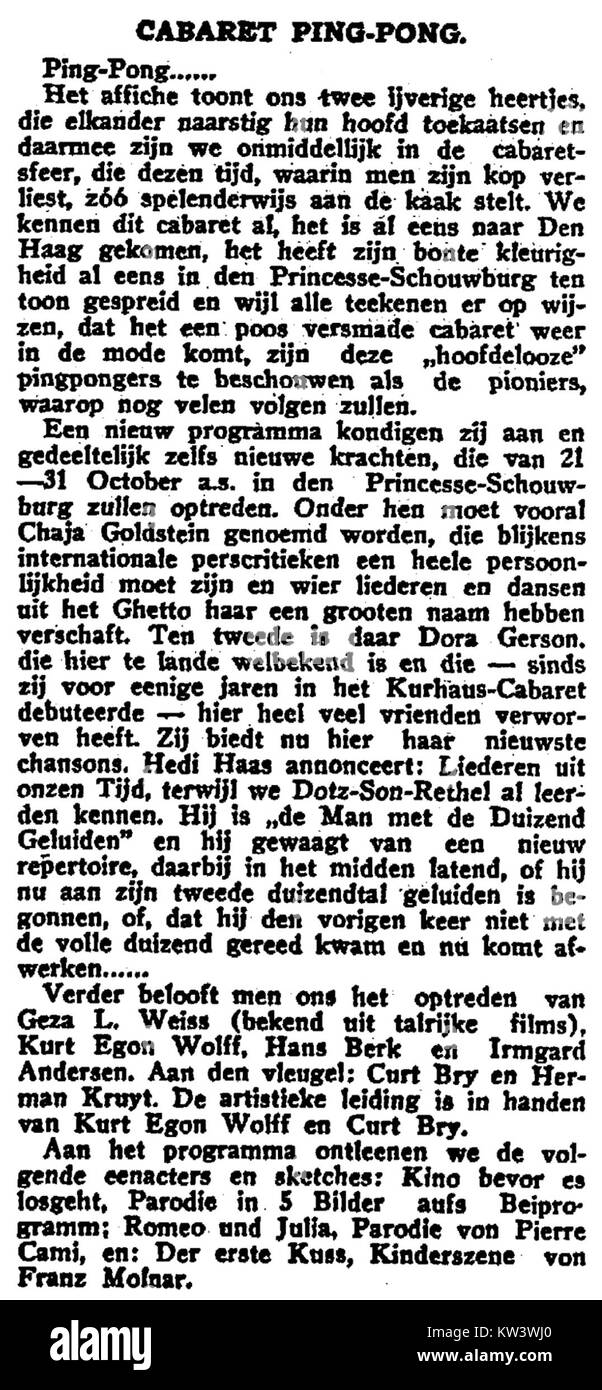 Das Ping Pong Cabaret, das am 17. Oktober 1933 in Hed Vaderland stattfand, war ein kulturelles Ereignis im frühen 20. Jahrhundert, das für seine lebhafte Atmosphäre und Aufführungen bekannt ist. Stockfoto