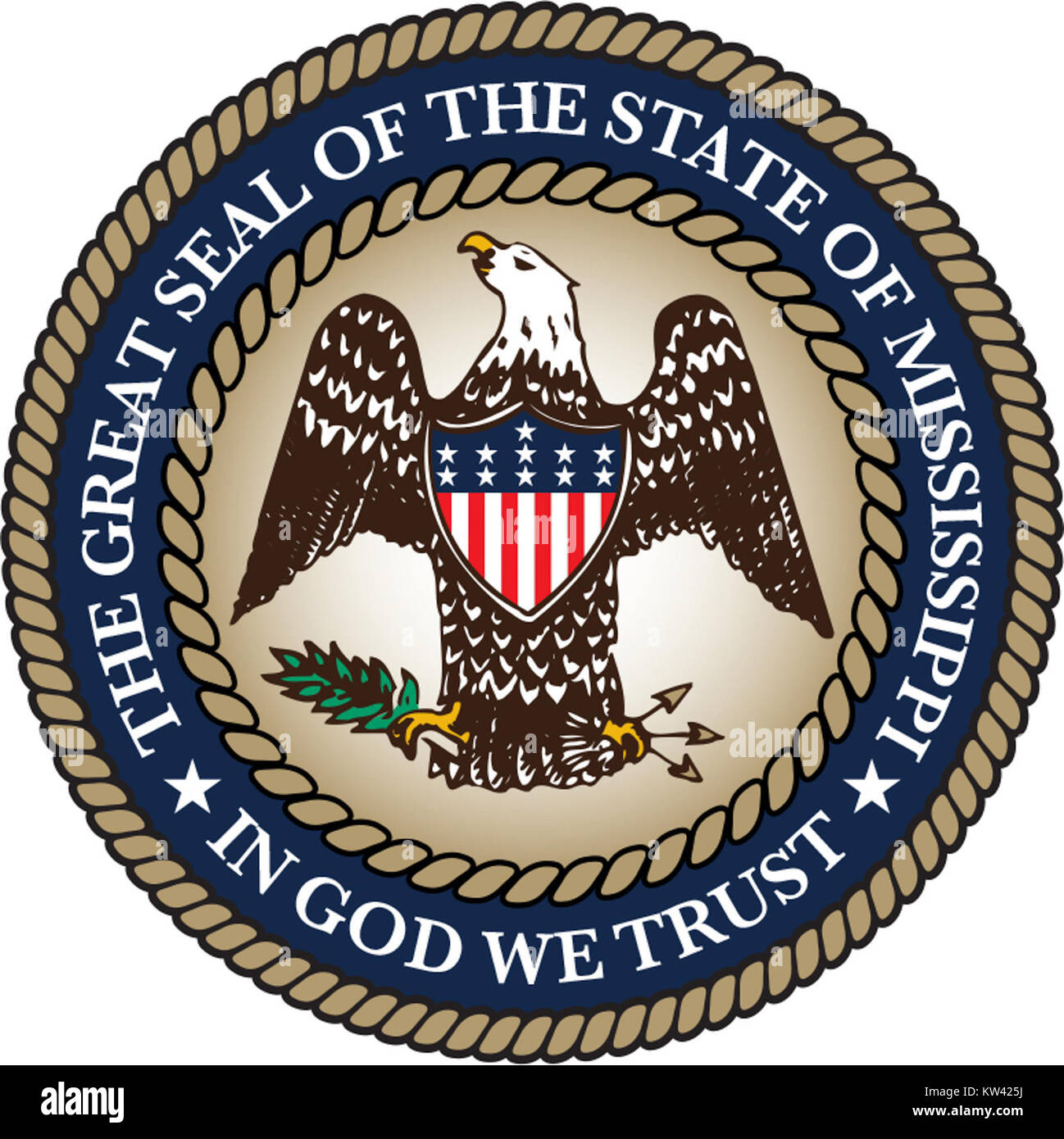 Das Siegel von Mississippi, ein offizielles Emblem für den Staat Mississippi, mit Symbolen, die das Erbe und die Regierung des Staates repräsentieren. Stockfoto