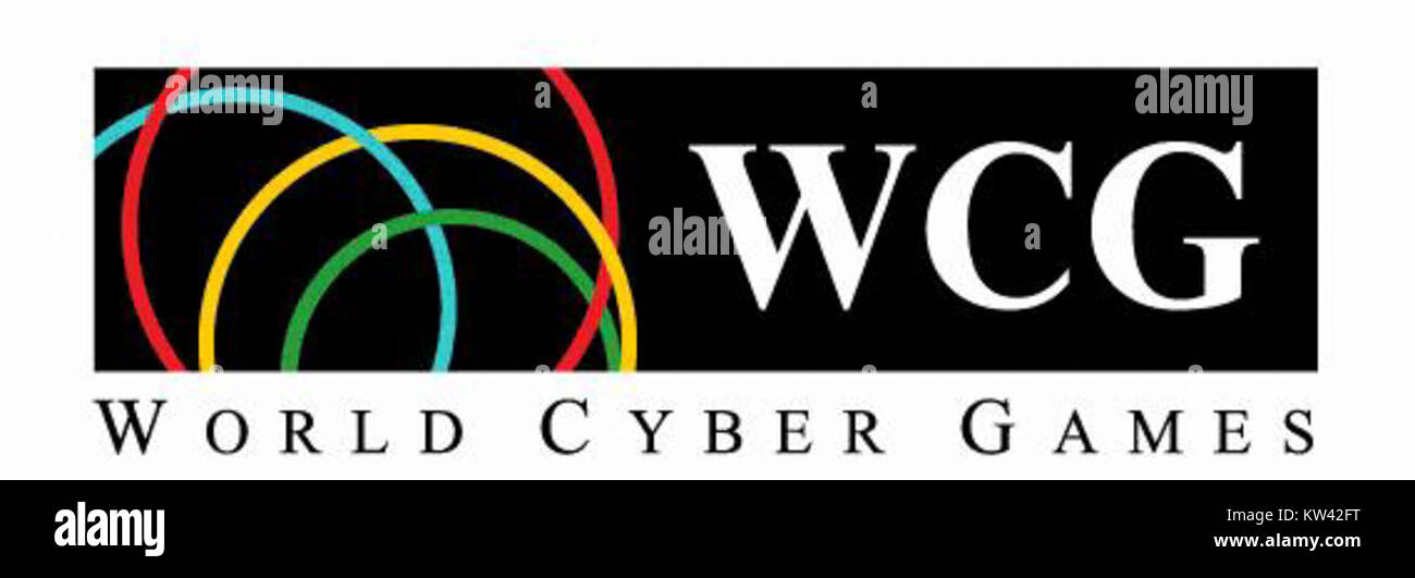 Das World Cyber Games (WCG)-Logo repräsentiert den globalen eSports-Wettbewerb, der digitale Spiele und Wettbewerbsereignisse weltweit feiert. Die WCG ist eines der wichtigsten internationalen Gaming-Turniere, bei denen Spieler aus verschiedenen Ländern in mehreren Videospielen antreten. Stockfoto