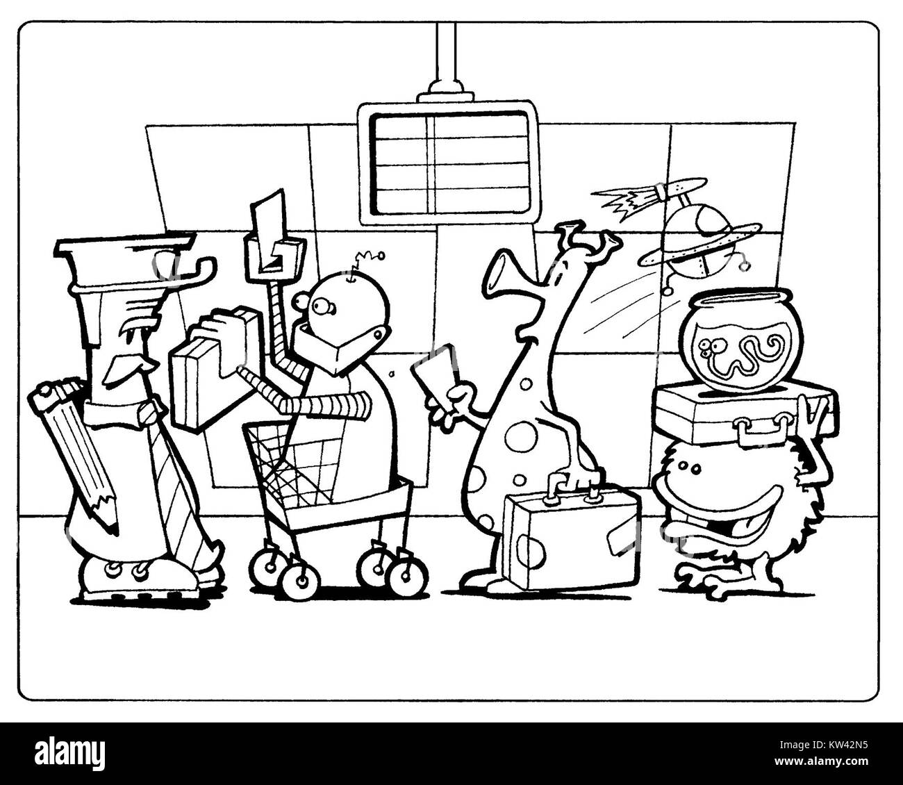 Ein konzeptionelles Kunstwerk mit dem Titel „Boarding Aliens“, das Themen wie Raum, außerirdisches Leben und menschliche Interaktion mit unbekannten Kräften erforscht. Das Stück untersucht Alien-Symbolismus in der modernen Kultur. Stockfoto