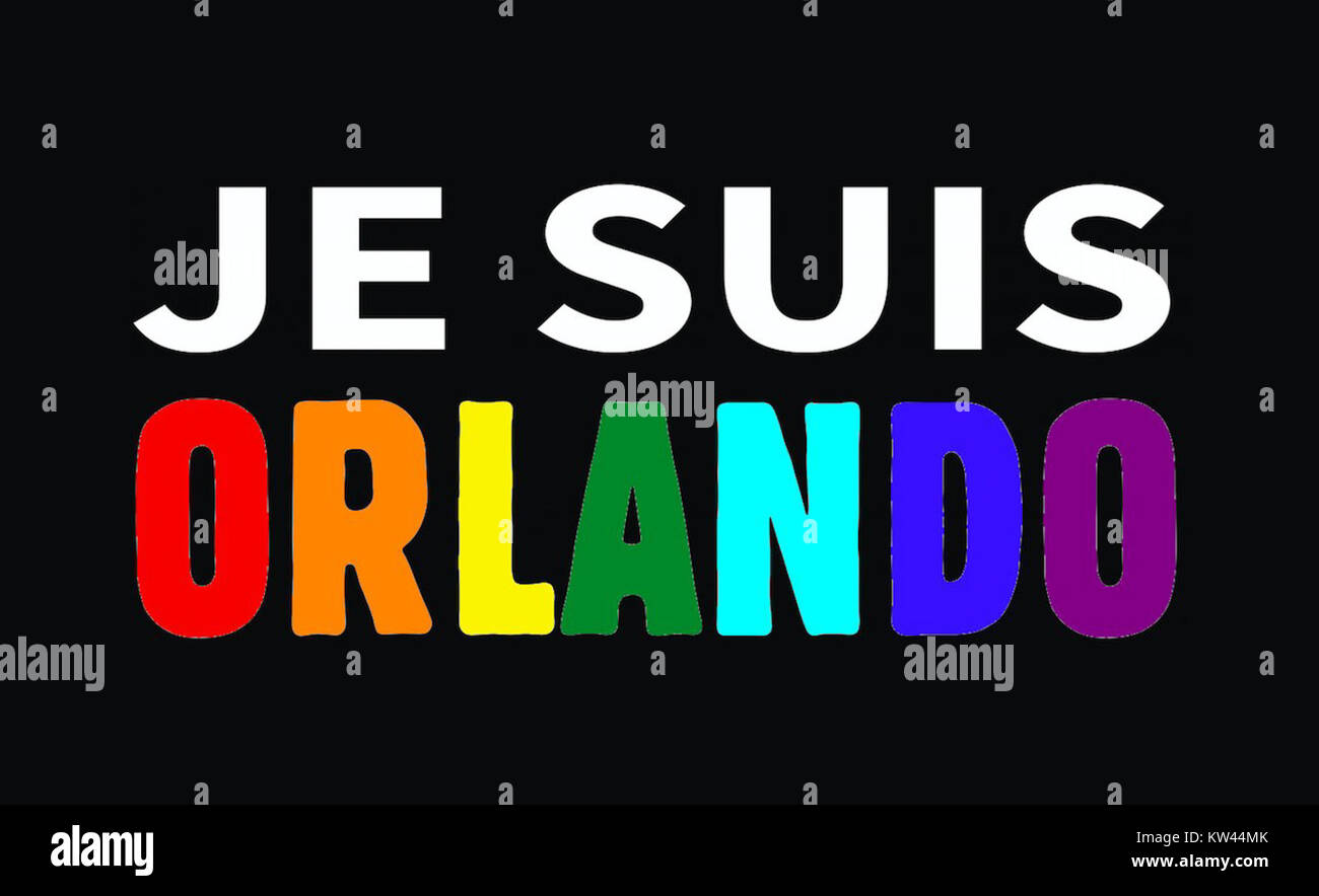 "Je suis Orlando" ist eine Solidaritätsbekundung, die die Unterstützung der Stadt Orlando nach den tragischen Ereignissen zum Ausdruck bringt und die Einheit und Stärke angesichts der Widrigkeiten symbolisiert. Stockfoto