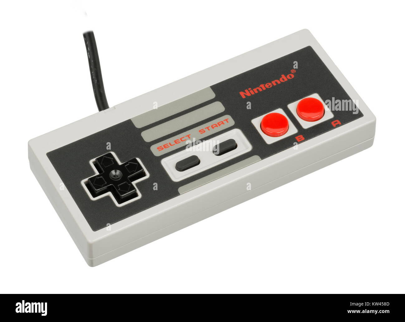 Der Nintendo Entertainment System (NES) Controller, ein wichtiger Bestandteil der Videospiel-Revolution der 1980er Jahre. Dieser Controller ist Teil der legendären Spielekonsole, die das Home Entertainment in der frühen Ära von Videospielen prägte. Stockfoto