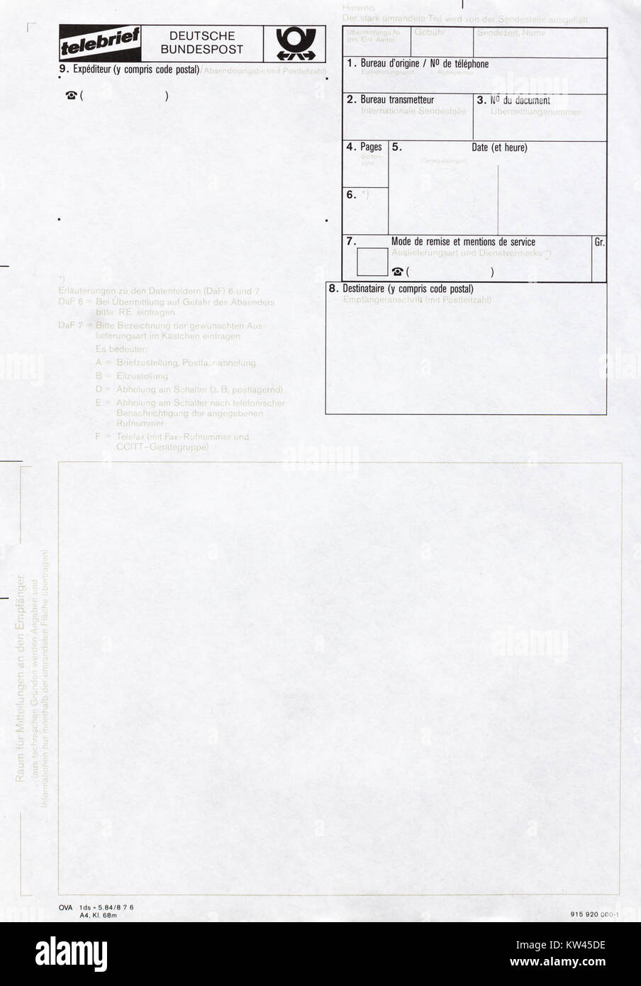 Der Telebrief Deutsche Bundespost aus dem Jahr 1981 ist ein von der deutschen Post ausgestelltes Postformular. Es wurde für internationale Kommunikation verwendet und ist ein Teil der Postgeschichte aus dieser Zeit. Stockfoto