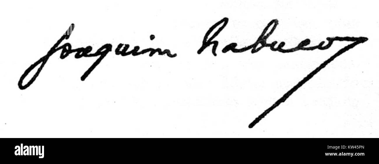 Dies bezieht sich auf die Unterschrift von Joaquim Nabuco, einem prominenten brasilianischen Staatsmann, Abolitionist und Diplomaten. Nabuco ist bekannt für seine bedeutenden Beiträge zur Abschaffung der Sklaverei in Brasilien und seine Arbeit in der Diplomatie. Stockfoto