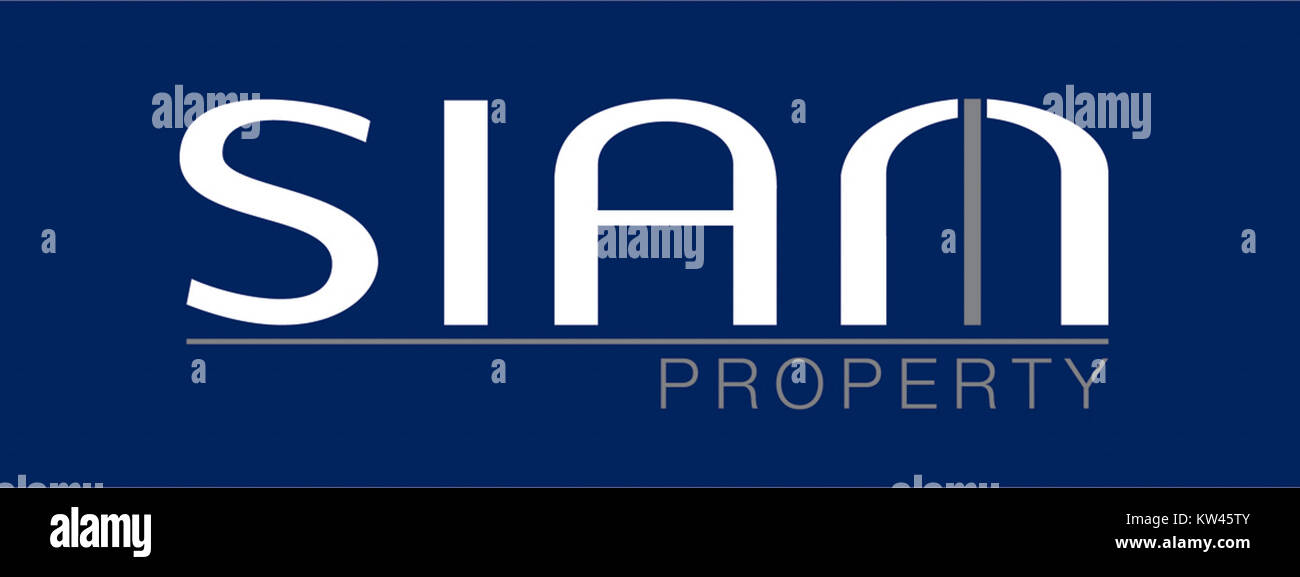 Das blau dargestellte Logo VON SIAM Property symbolisiert das Markenzeichen und die Identität des Unternehmens auf dem Immobilienmarkt. Das Logo spiegelt die Professionalität, das Vertrauen und das Engagement des Unternehmens für hochwertigen Service wider. Stockfoto